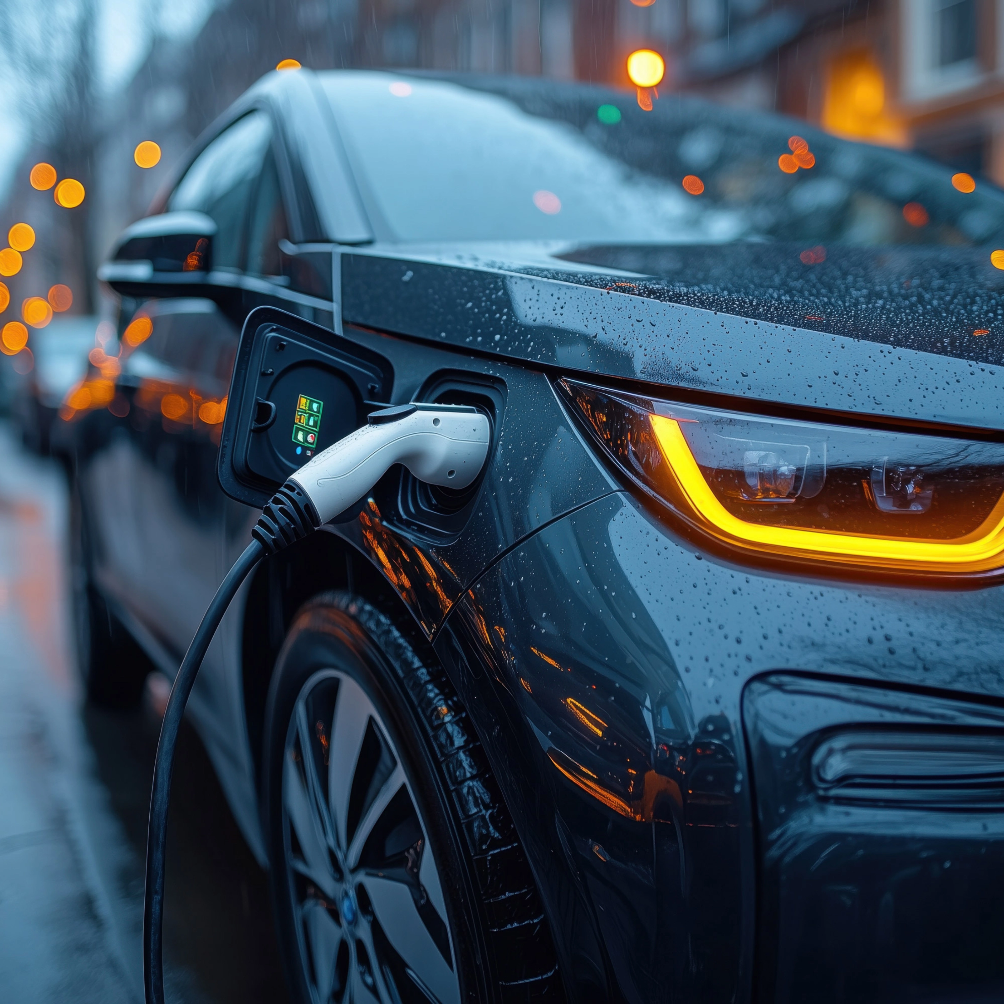 Electric car charging on a rainy city street at night with glowing headlights.