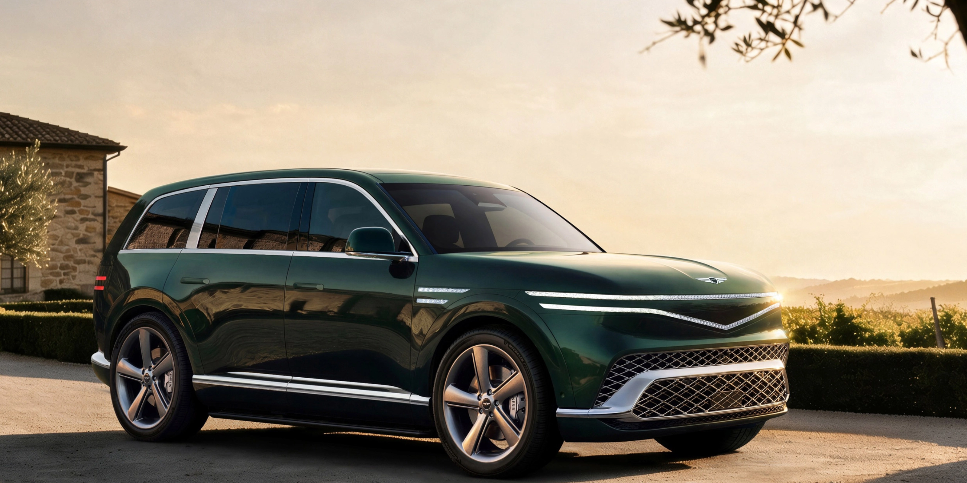 Grüner Genesis SUV auf einer Landstraße bei Sonnenuntergang.