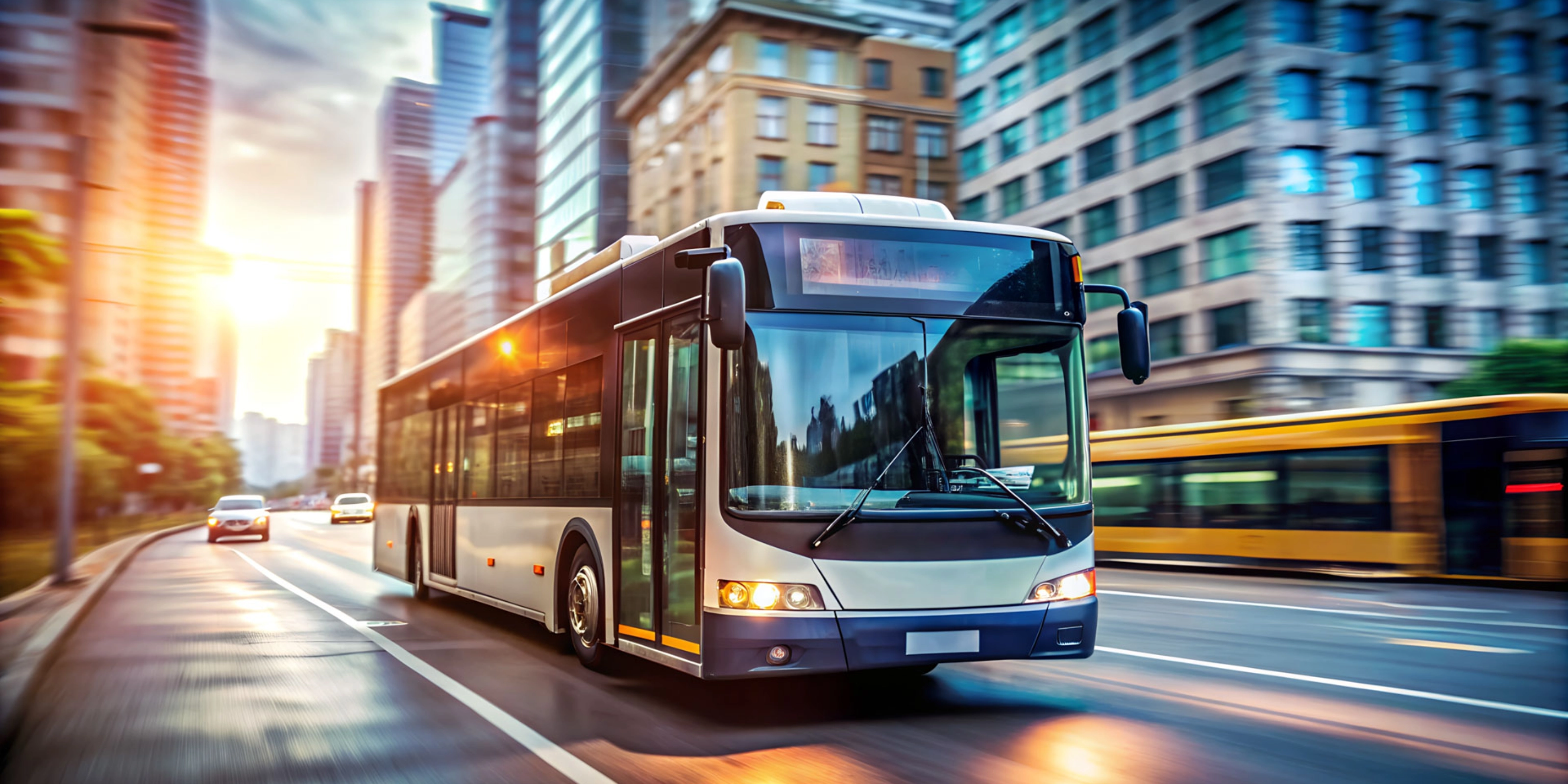 Modern city bus driving along a street lined with skyscrapers at sunset.