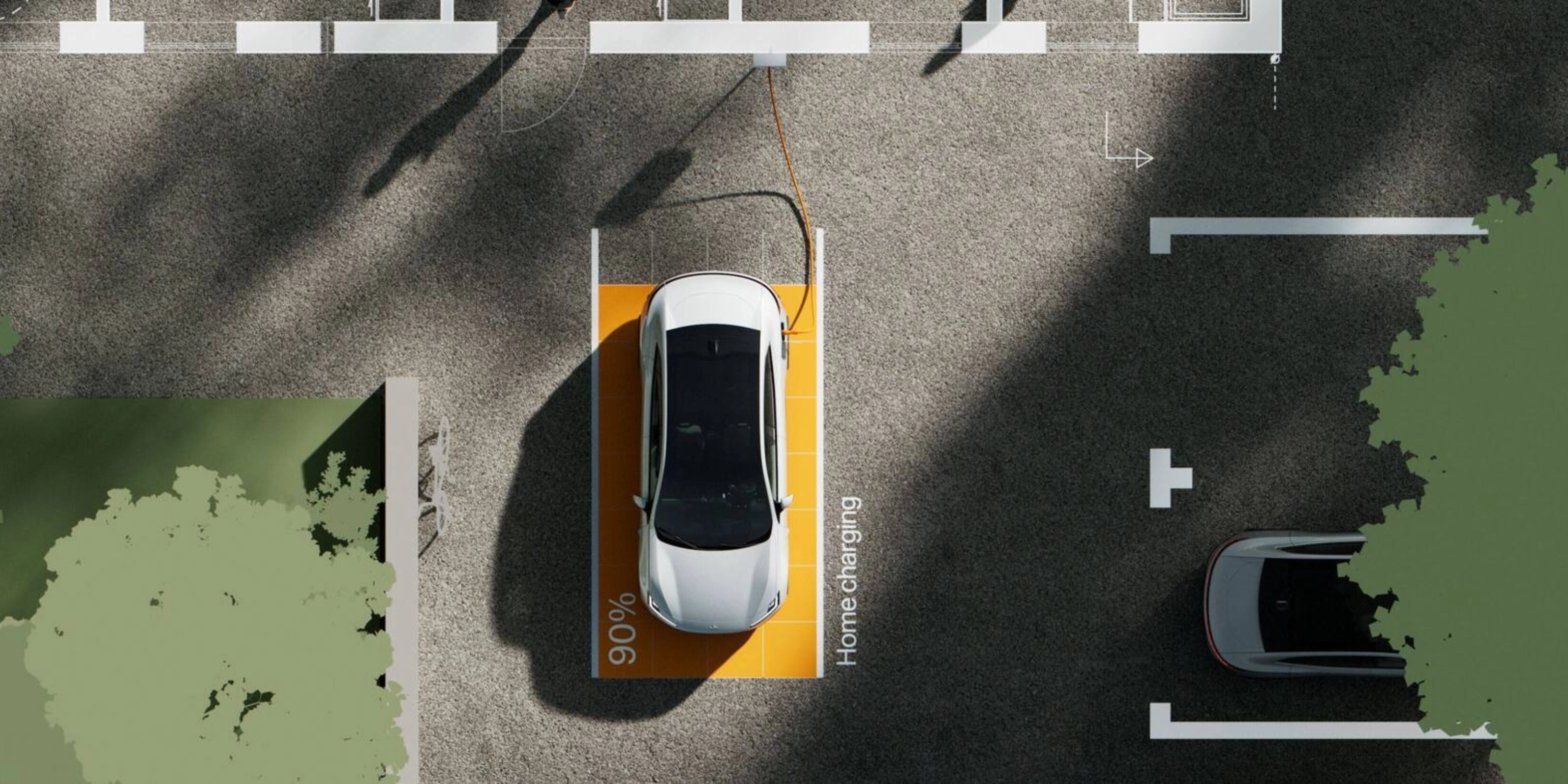 Top view of an electric car home charging, shown at 90%.