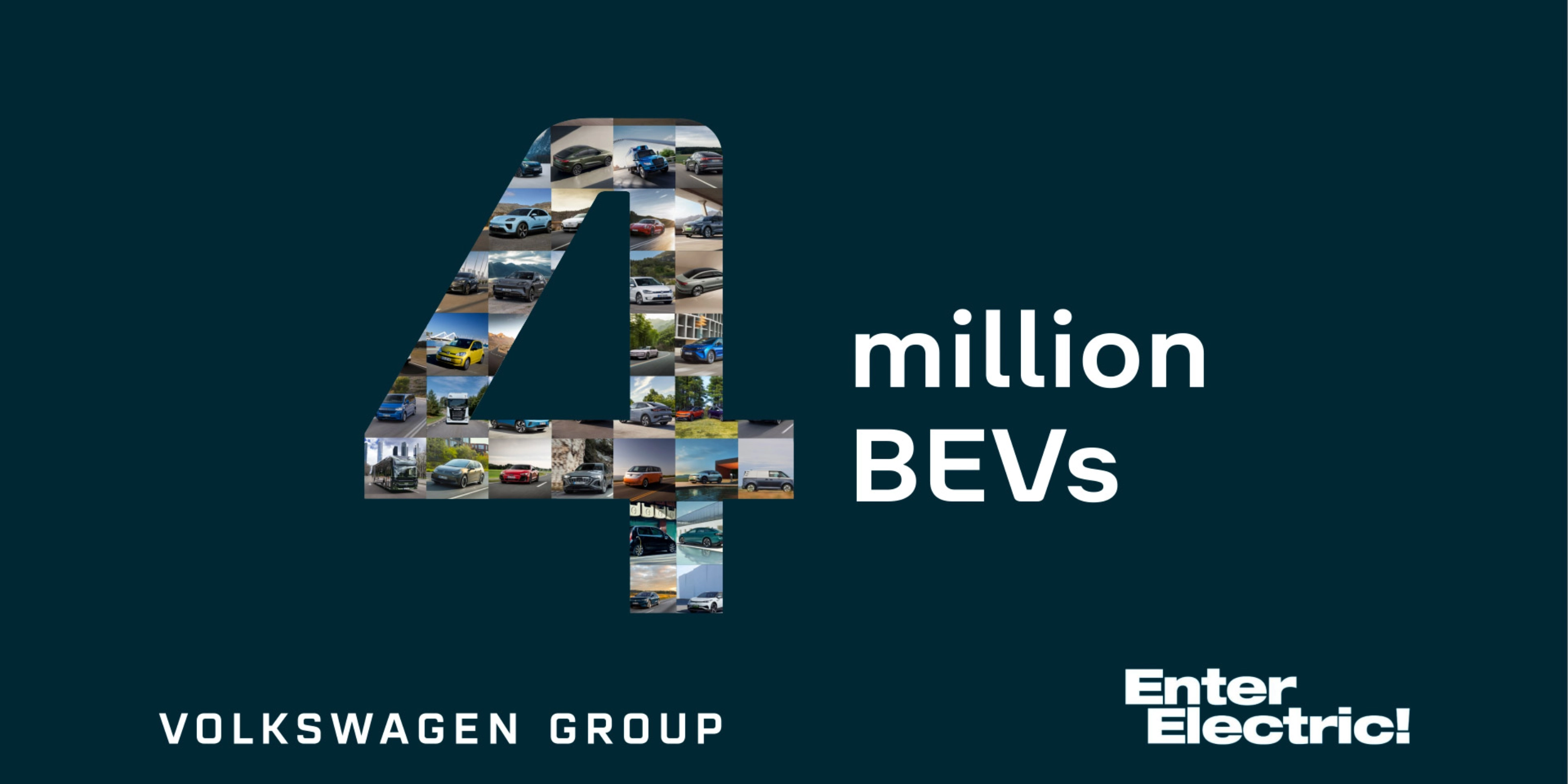 Graphic with number 4 made of car photos and text “4 million BEVs”, Volkswagen Group.
