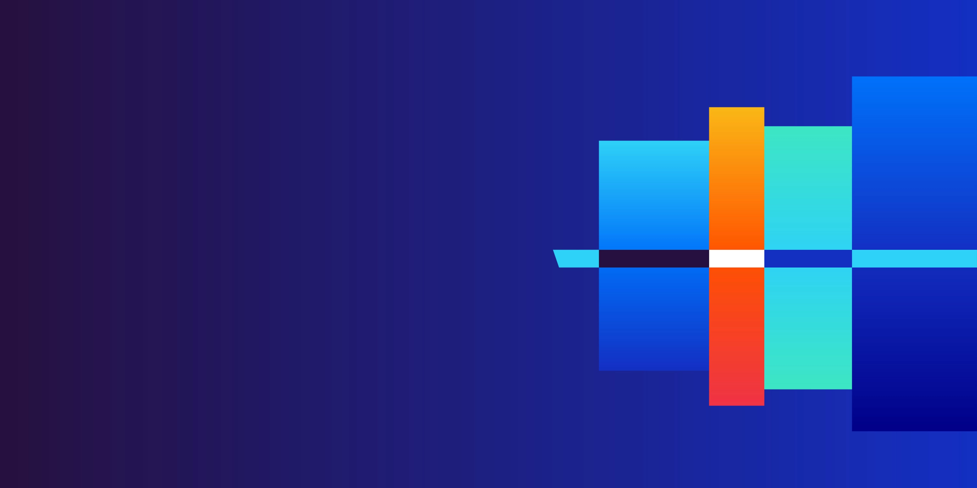 Abstract geometric design with intersecting colorful rectangles on a dark blue gradient background.