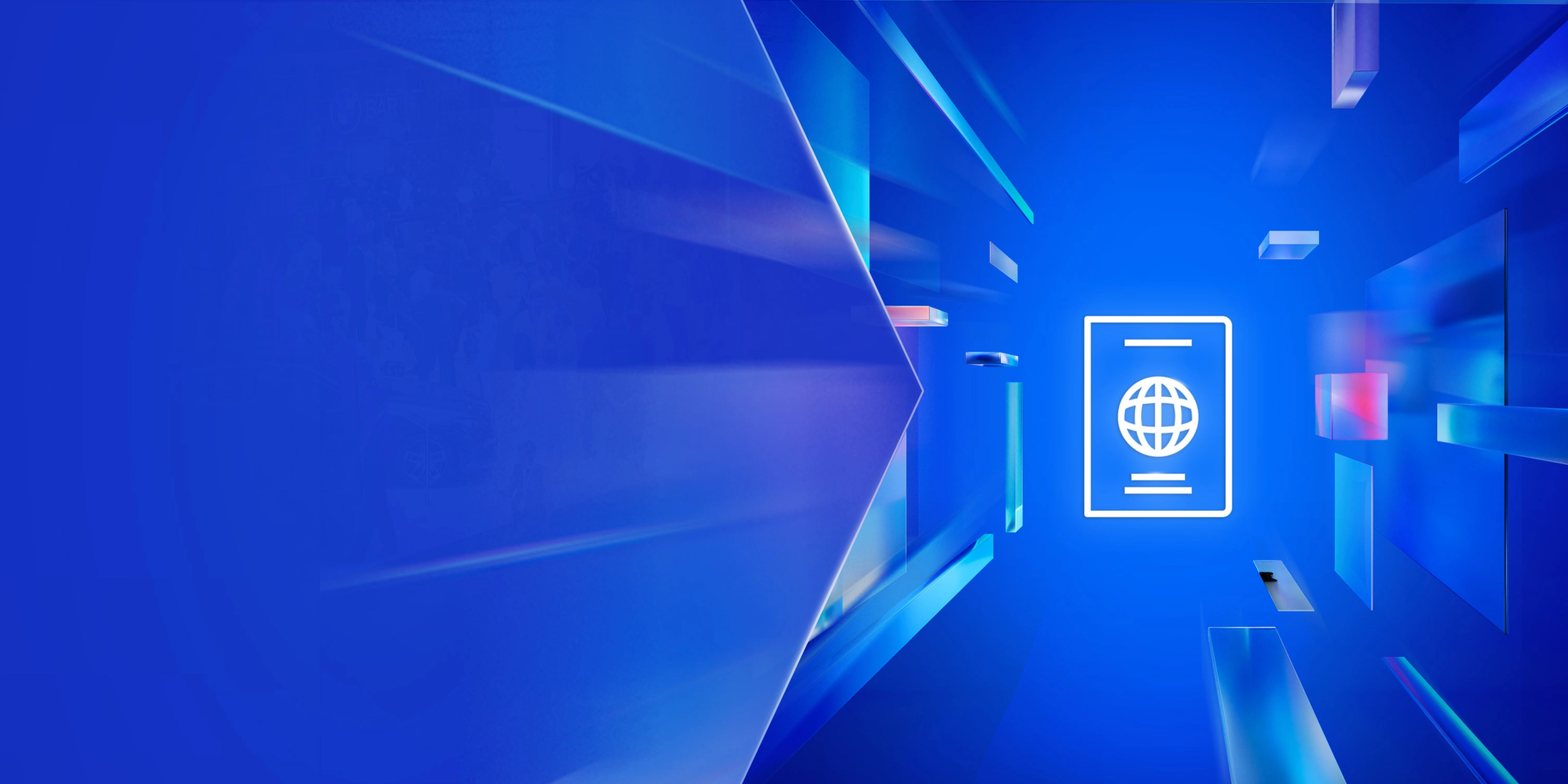 Weißes Passsymbol mit Globus auf blauem digitalen Hintergrund mit schwebenden Formen.