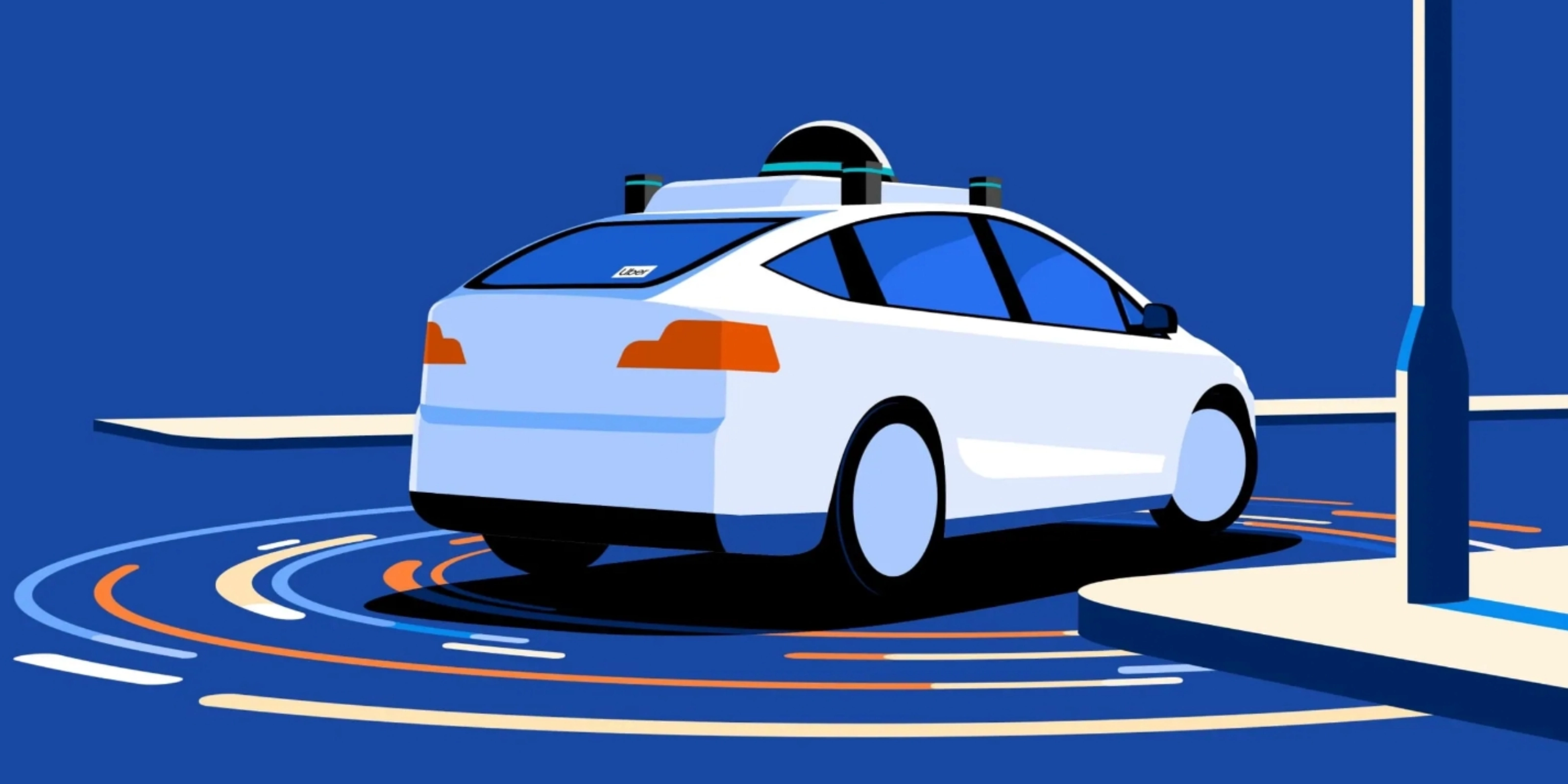 Illustration eines autonomen Autos mit Sensoren nahe Ladesäule.