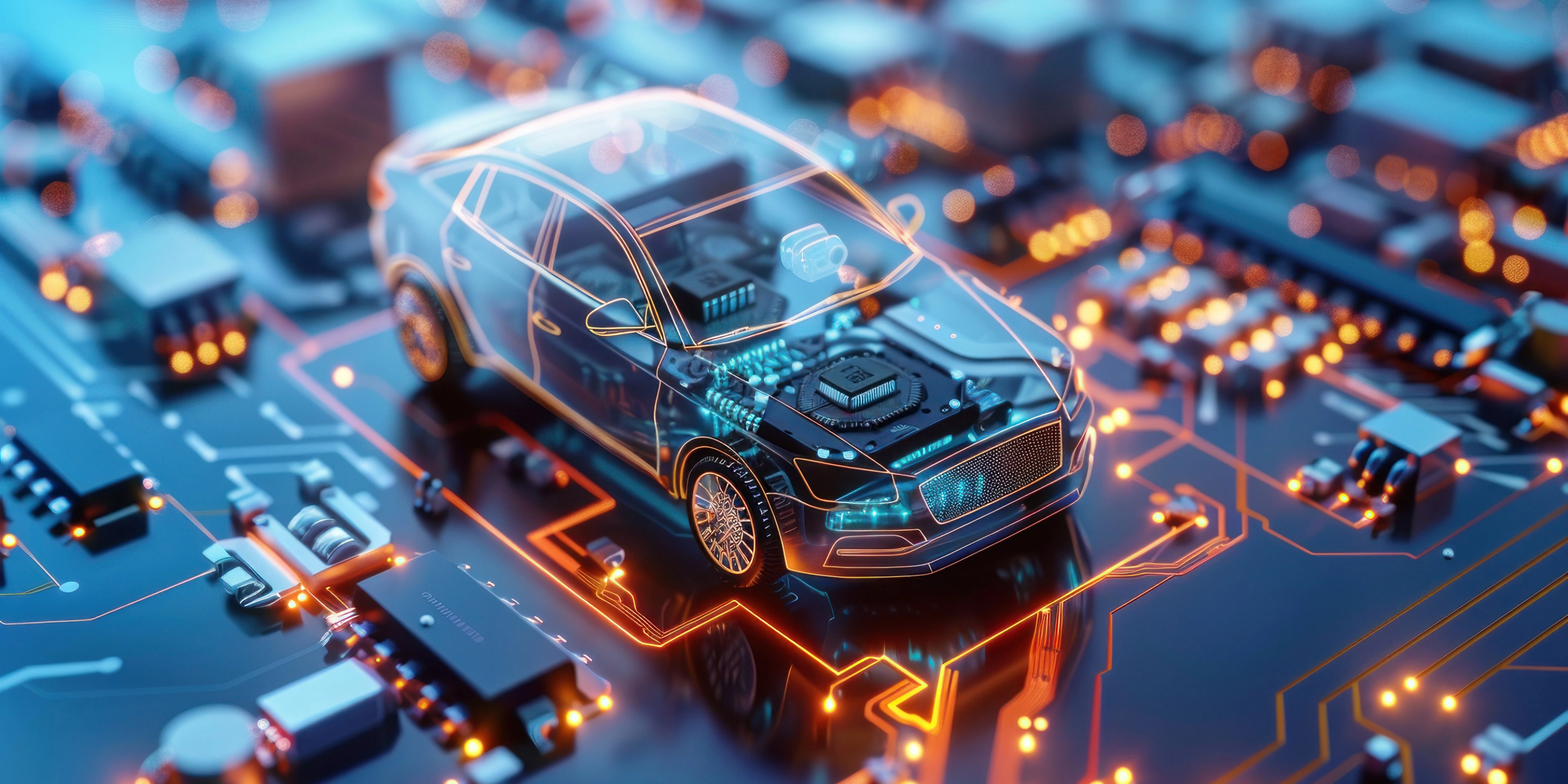 Digitale Darstellung eines vernetzten Autos auf einer Leiterplatte.
