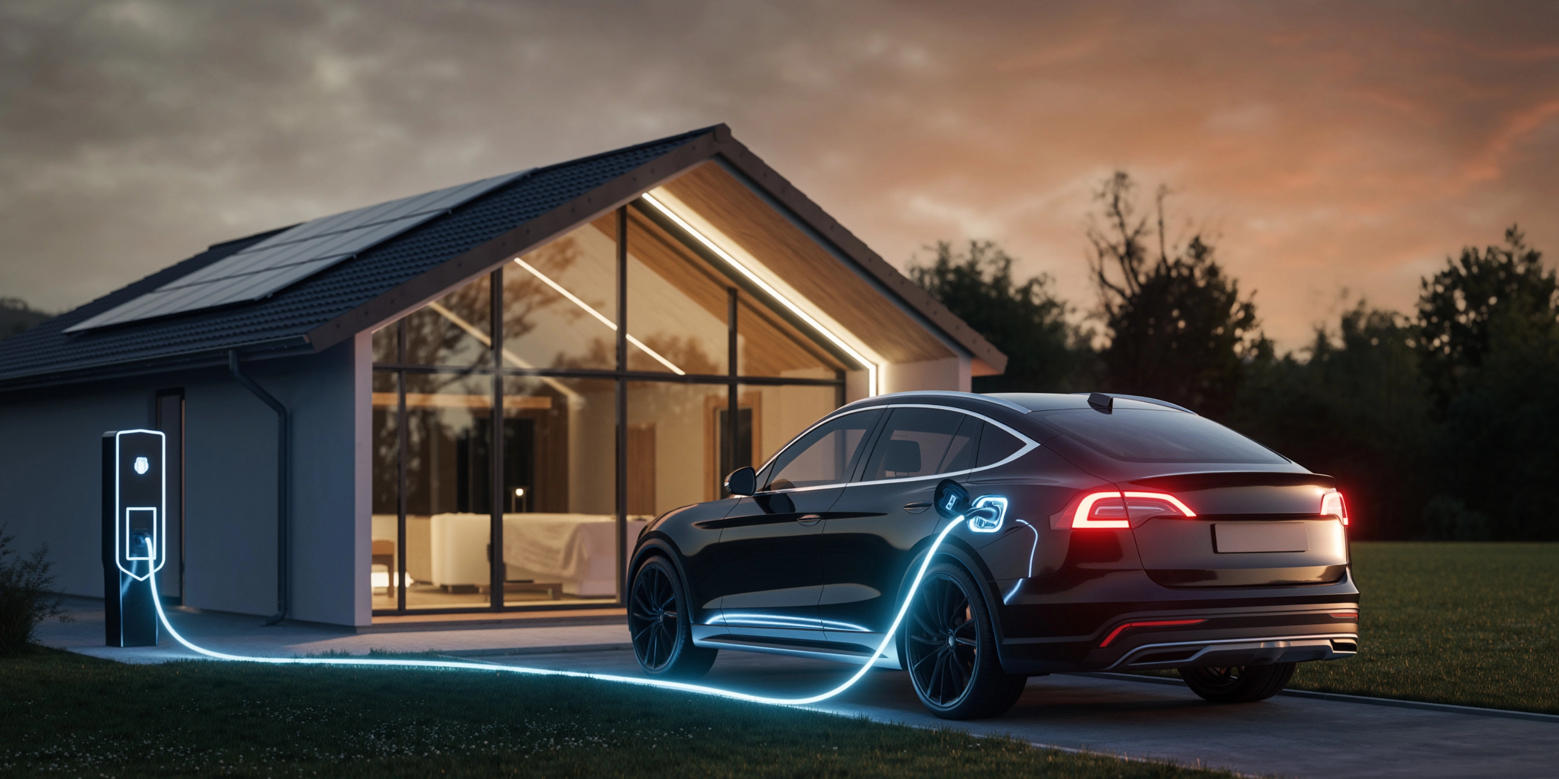 Elektroauto lädt an Wallbox vor modernem Haus in der Dämmerung.