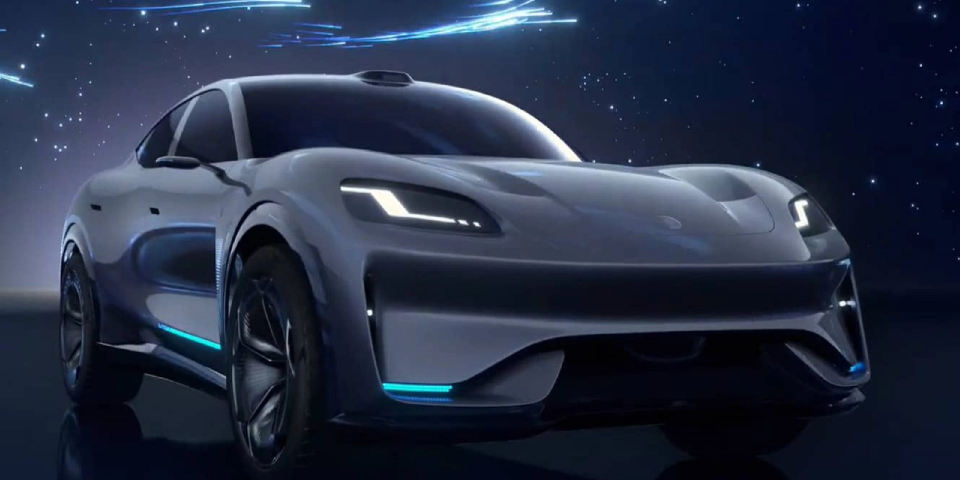 Seres electric sedan in dark blue setting with illuminated light accents.