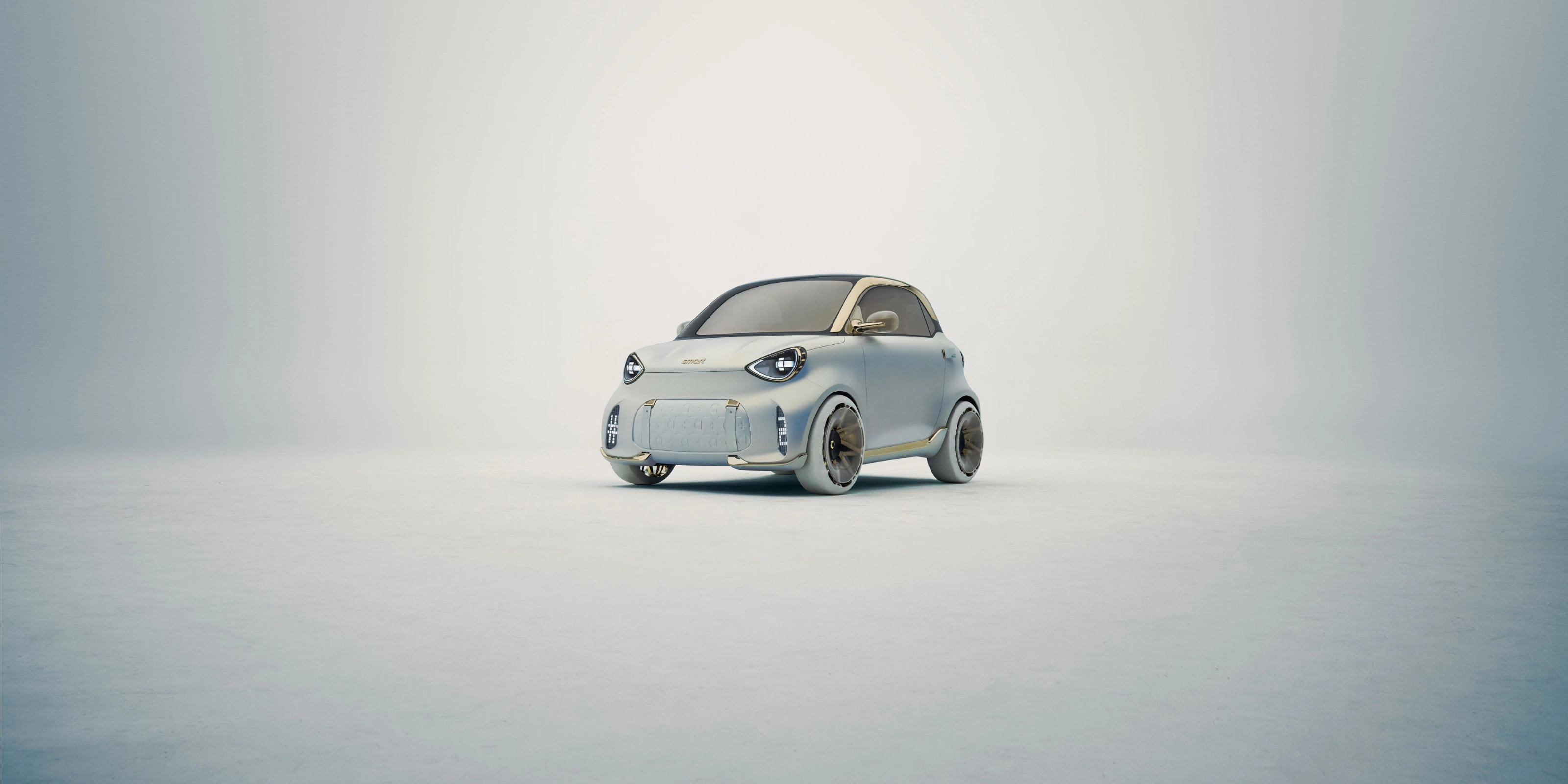Small white compact car parked on a vast empty surface.