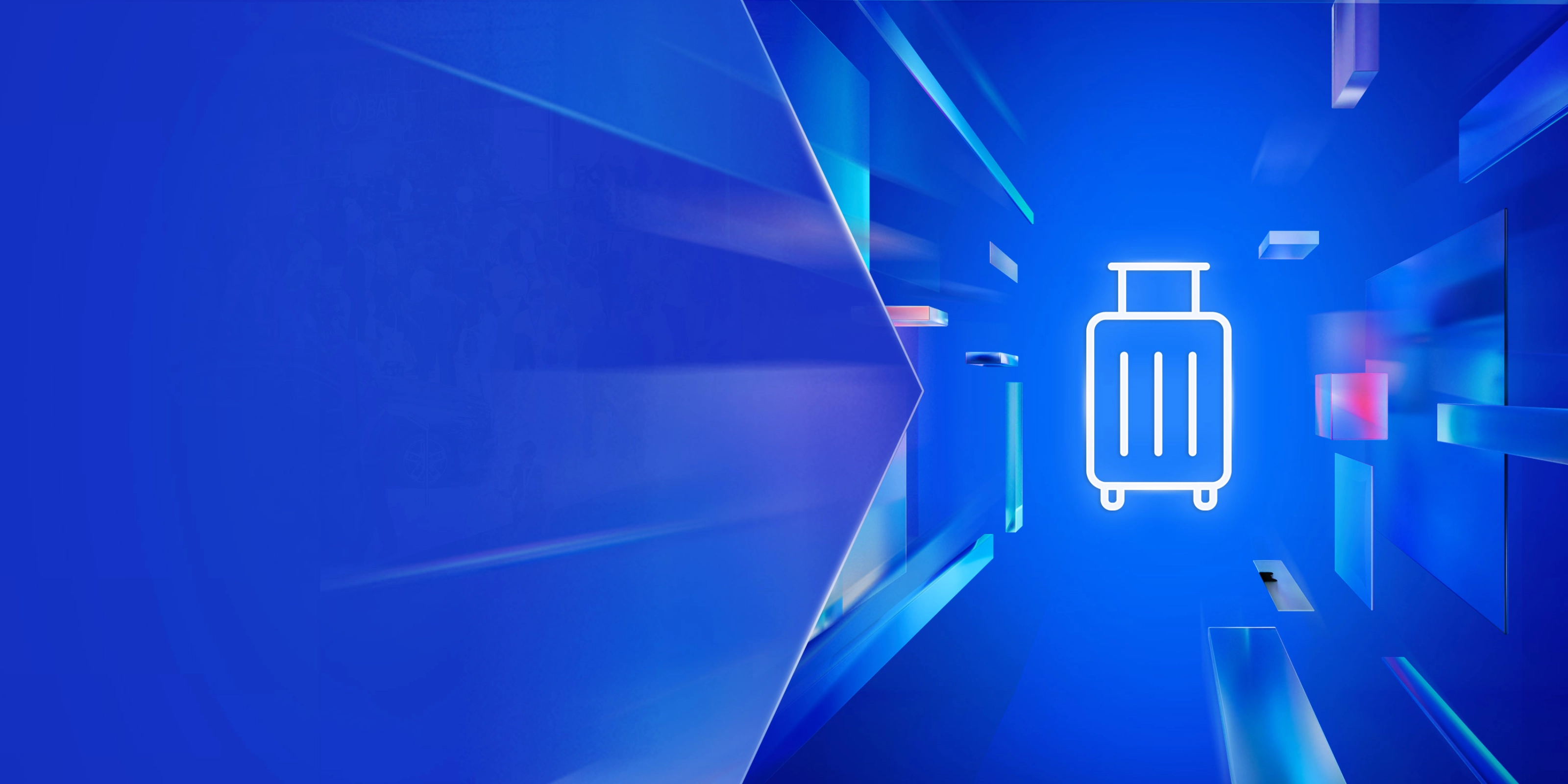 Weißes Koffersymbol auf blauem, digitalem Hintergrund mit transparenten Formen – steht für Anreise oder Besucherinformation zur Veranstaltung.