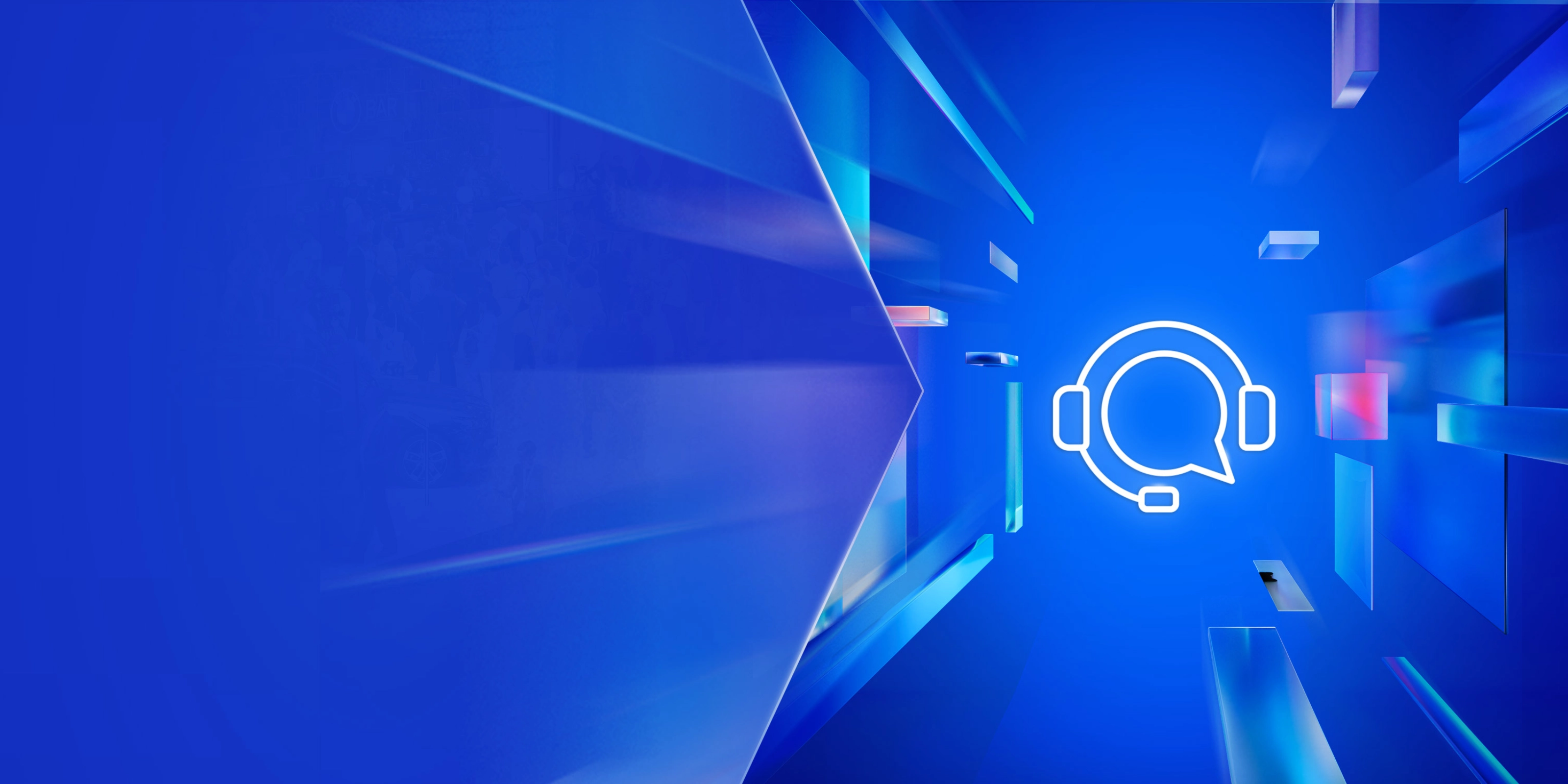 White headset icon with speech bubble on a blue digital background with floating shapes.