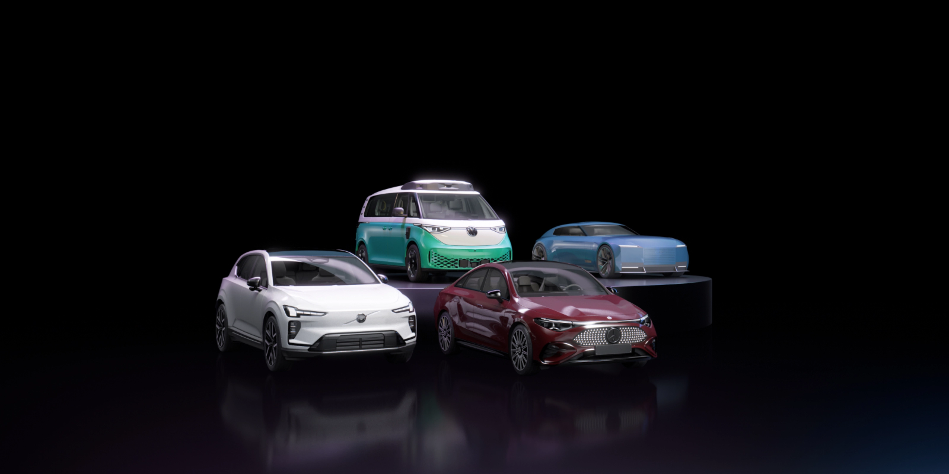 Vier Autos verschiedener Hersteller vor schwarzem Hintergrund, die NVIDIA repräsentieren.