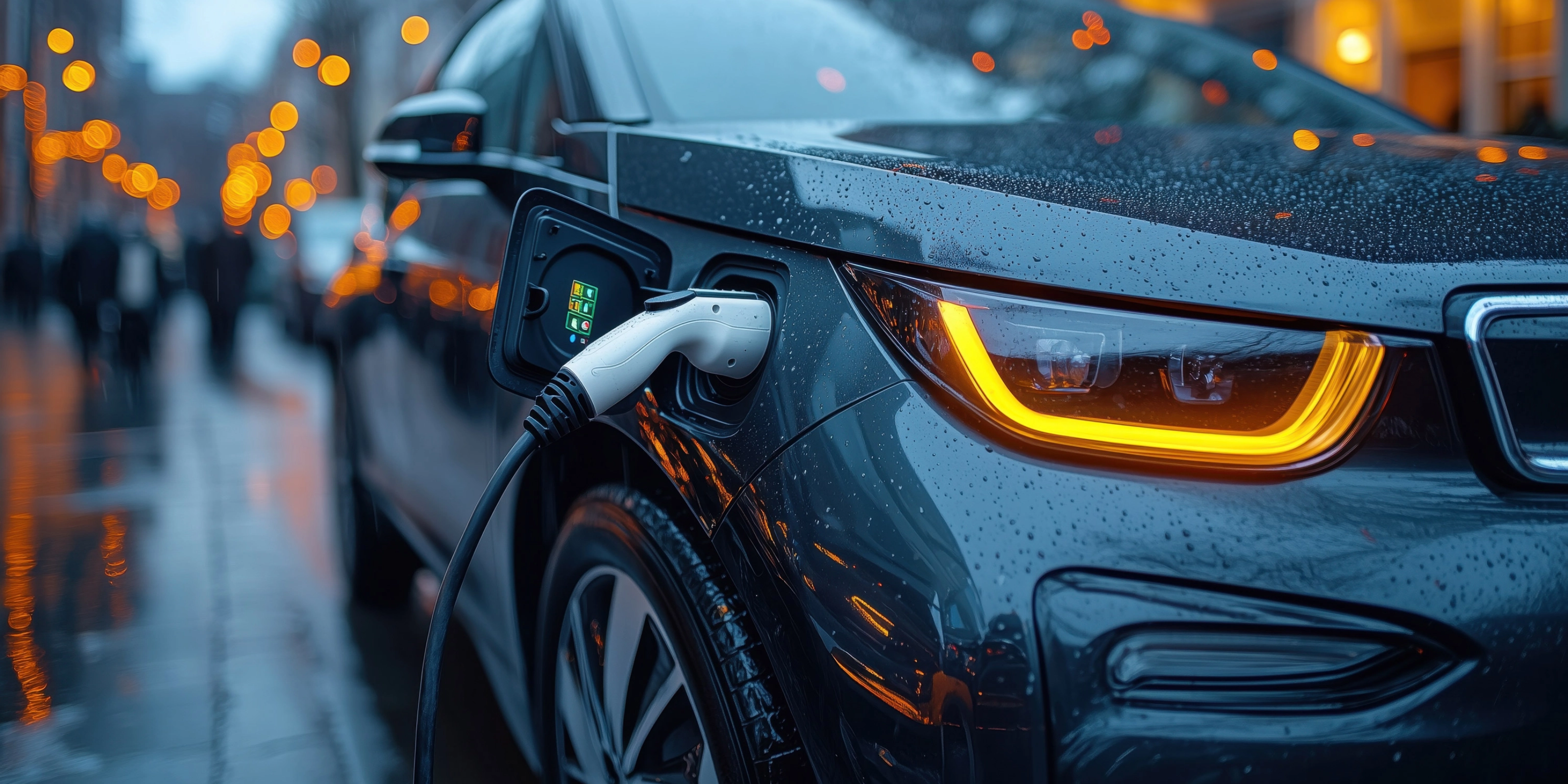 Electric car charging on a rainy city street at night with glowing headlights.