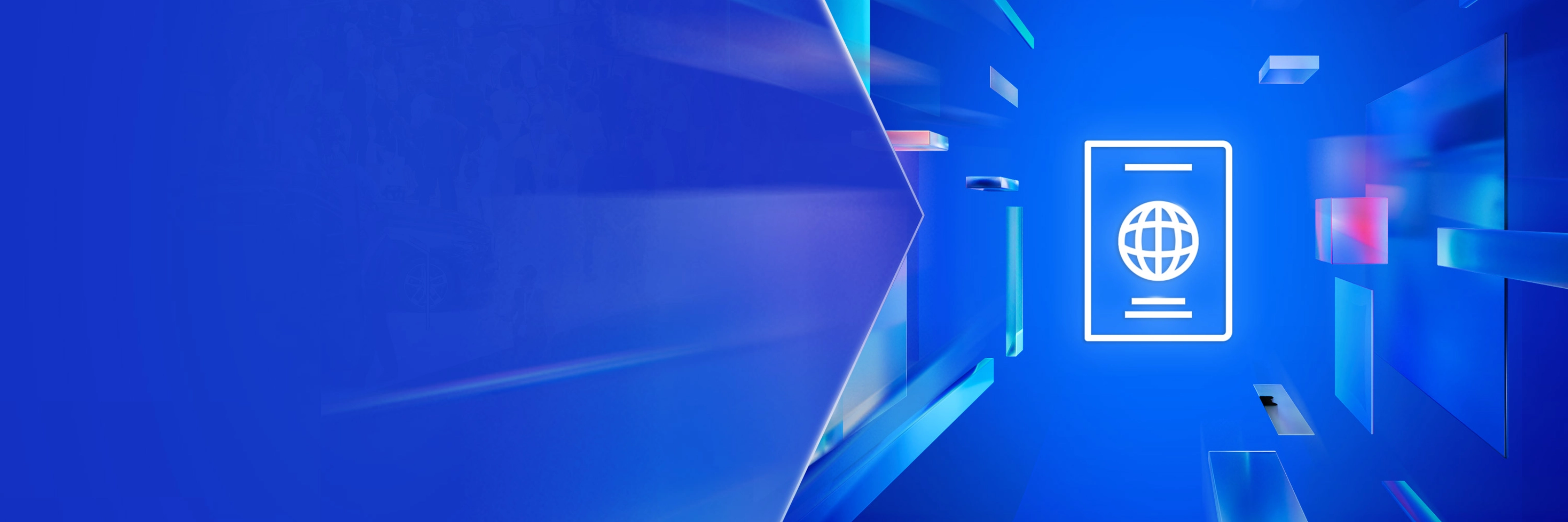 Weißes Passsymbol mit Globus auf blauem digitalen Hintergrund mit schwebenden Formen.