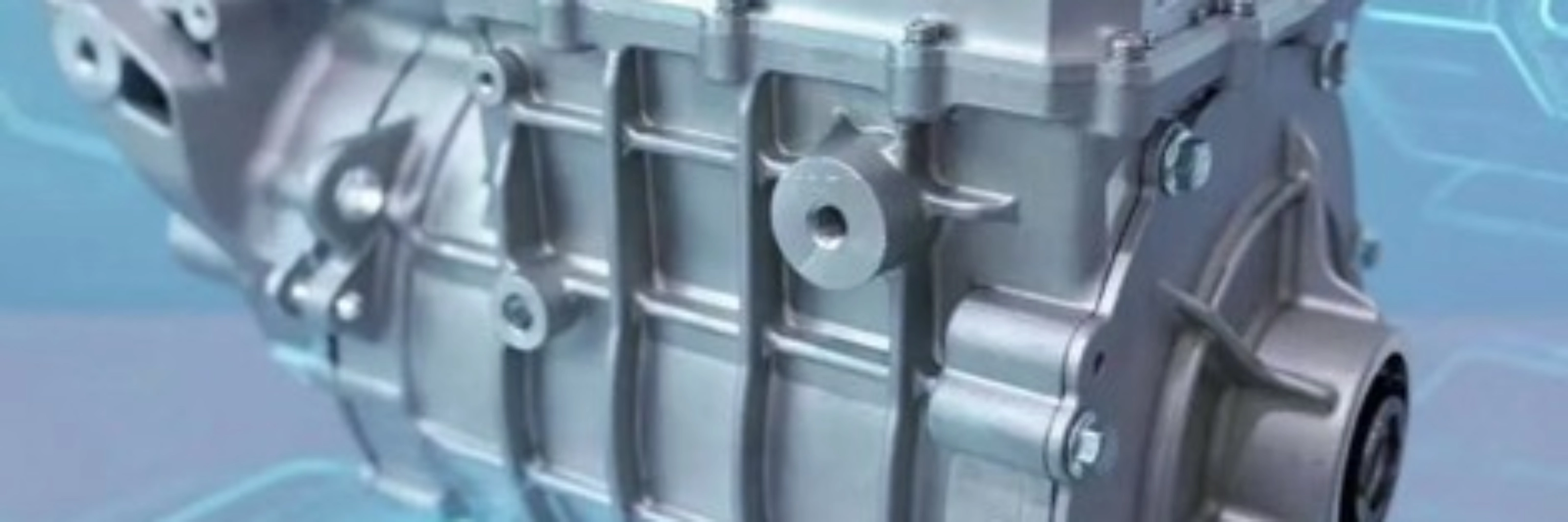 Metallic gearbox for an electric vehicle displayed in a digital environment.