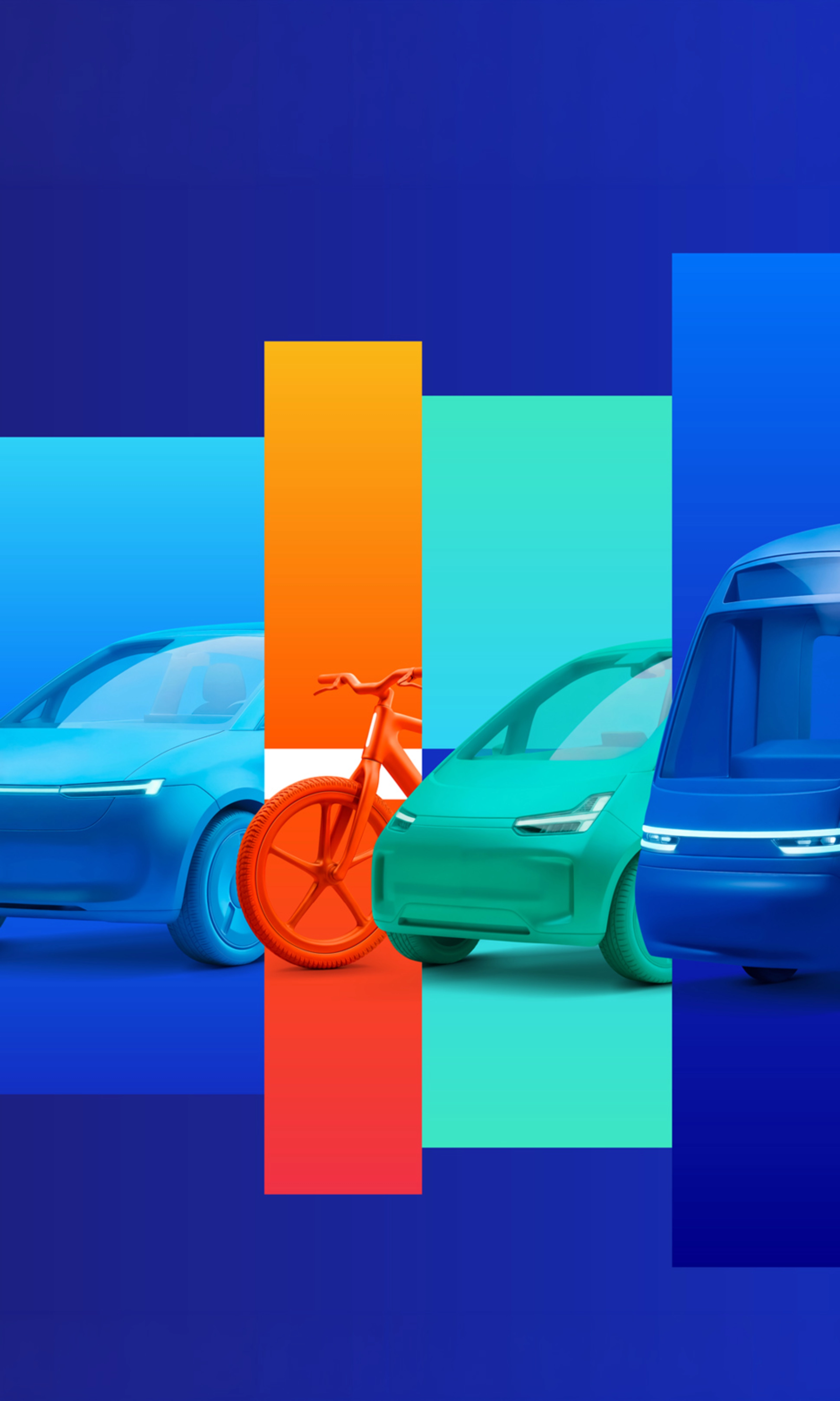 Stilisierte Grafik mit E-Auto, Fahrrad, Auto und Shuttle auf farbigen Flächen.