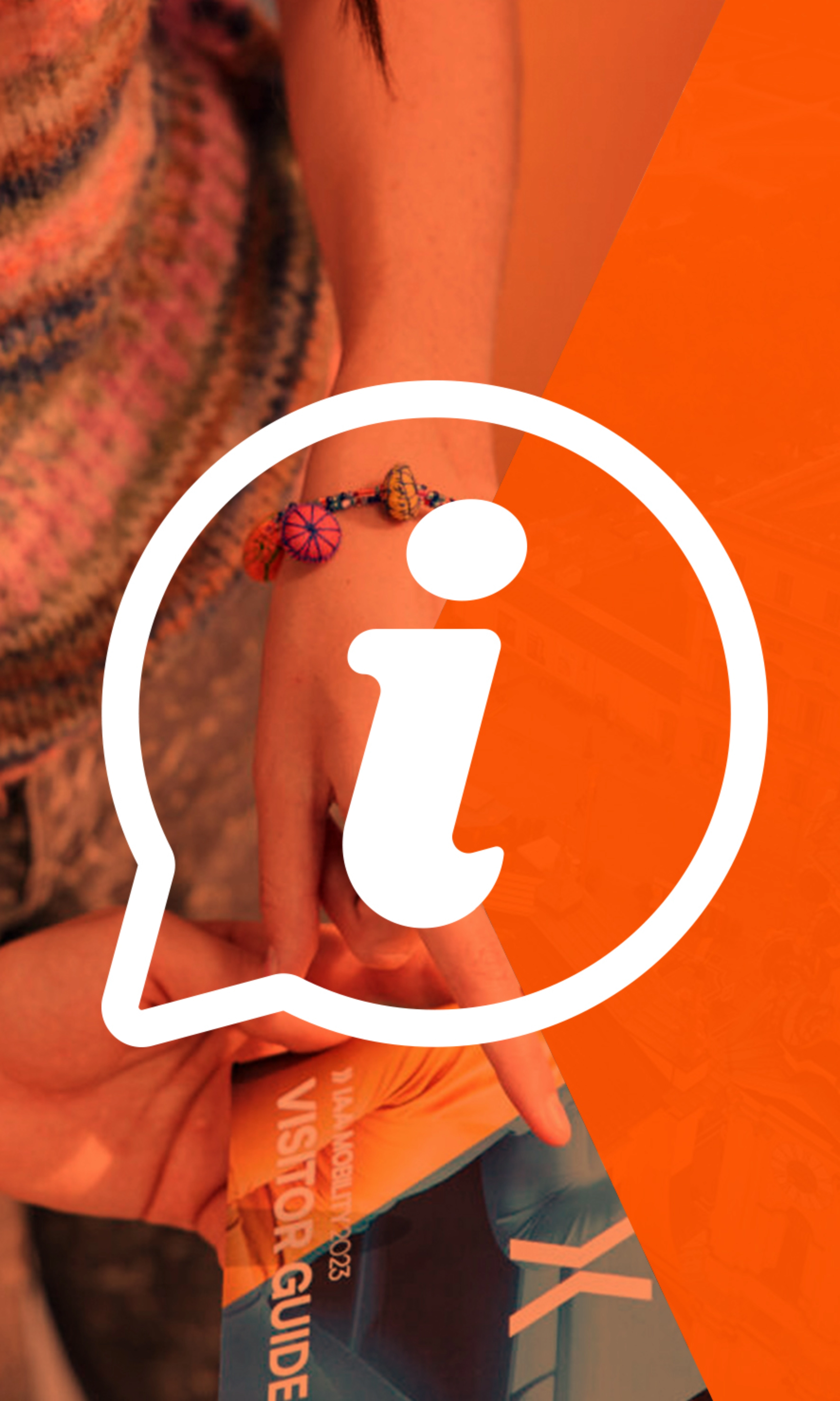 Icon with an information symbol over a photo of a person holding a visitor guide.