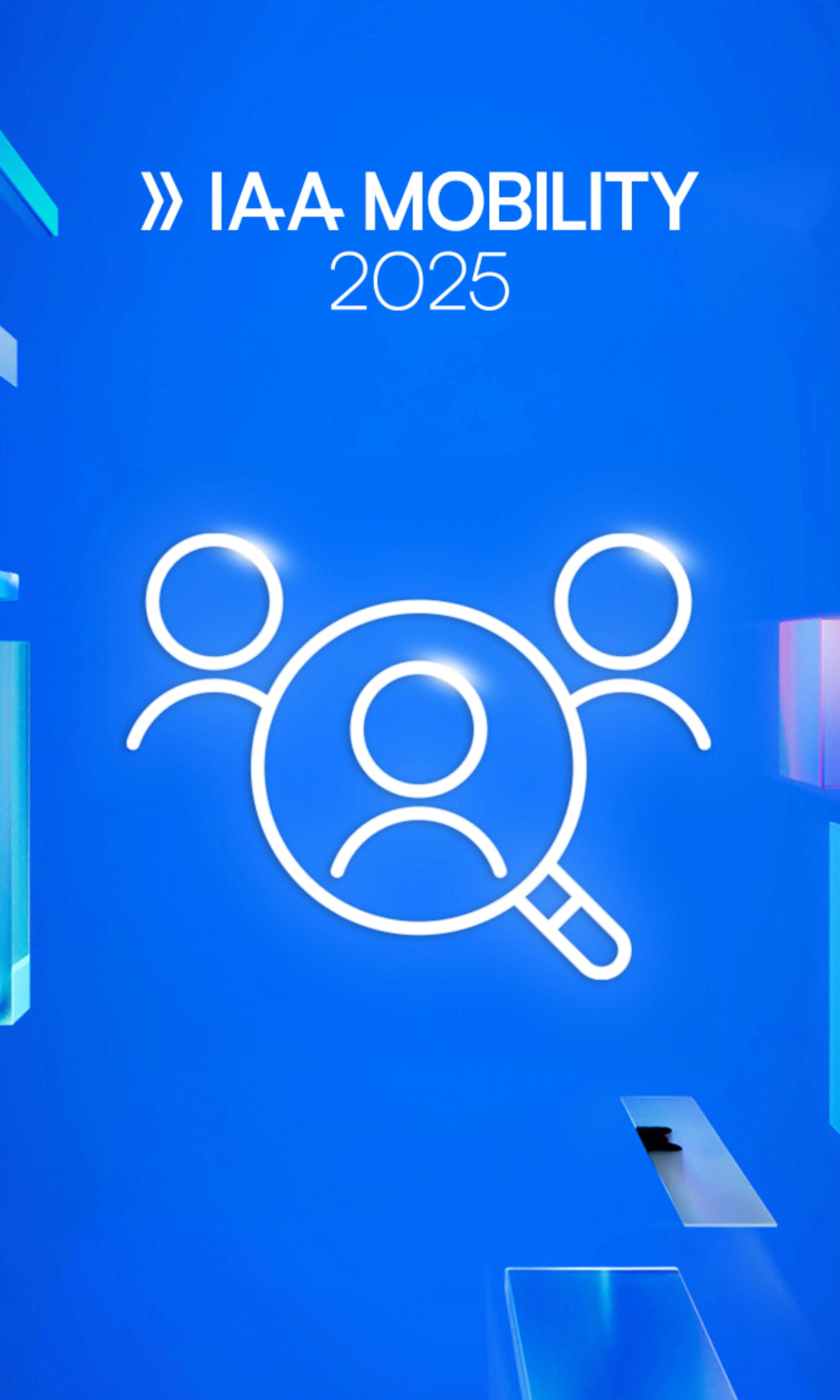 Logo der IAA Mobility 2025 mit Symbol von drei Personen und Lupe auf blauem Hintergrund.