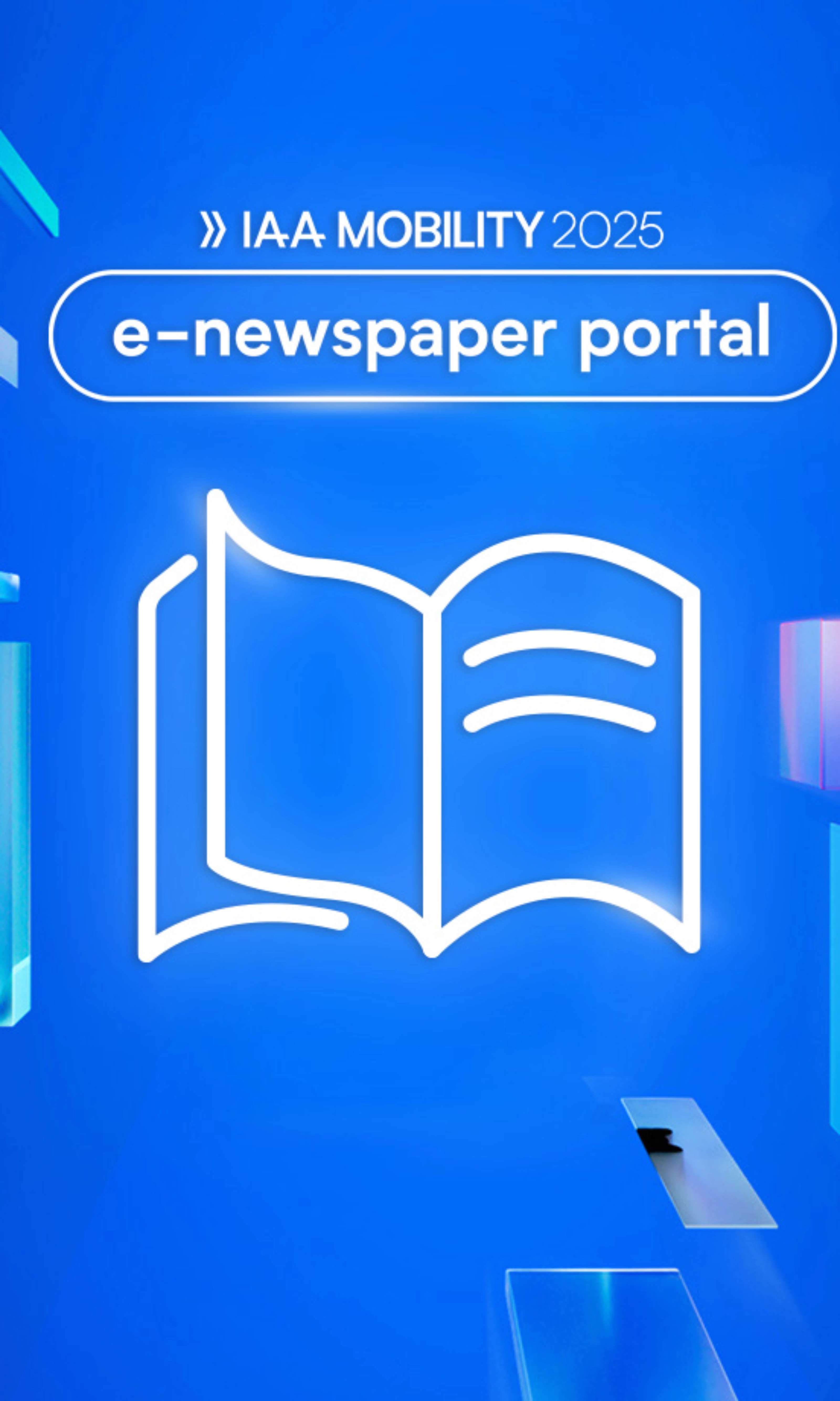 Logo der IAA MOBILITY 2025 mit digitalem Symbol einer Zeitung und dem Text „e-newspaper portal“.