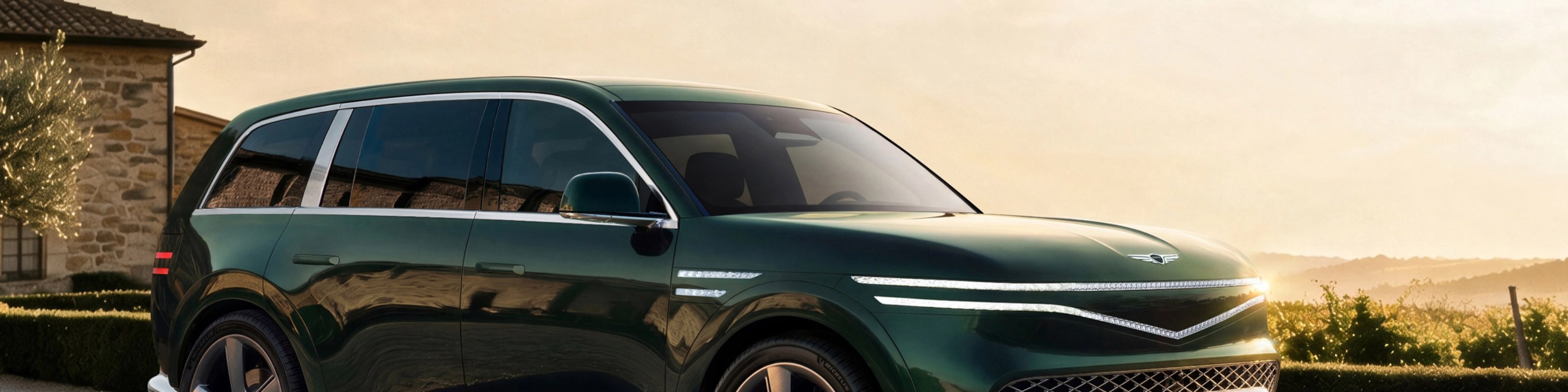 Grüner Genesis SUV auf einer Landstraße bei Sonnenuntergang.
