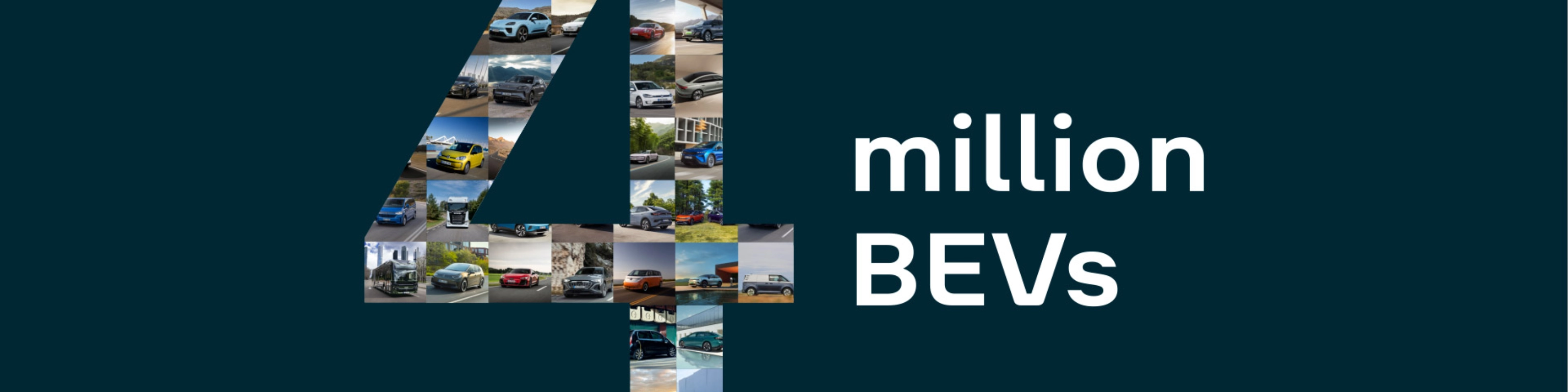 Graphic with number 4 made of car photos and text “4 million BEVs”, Volkswagen Group.