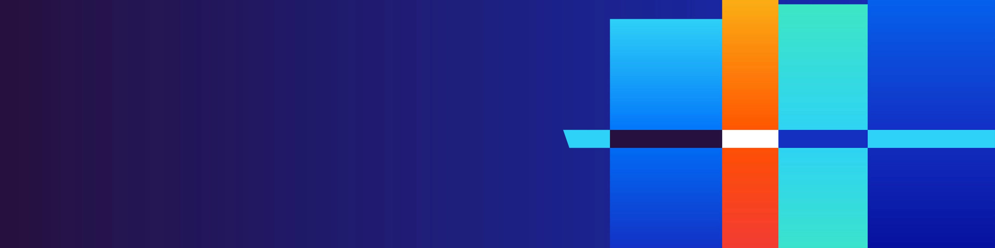 Abstract geometric design with intersecting colorful rectangles on a dark blue gradient background.