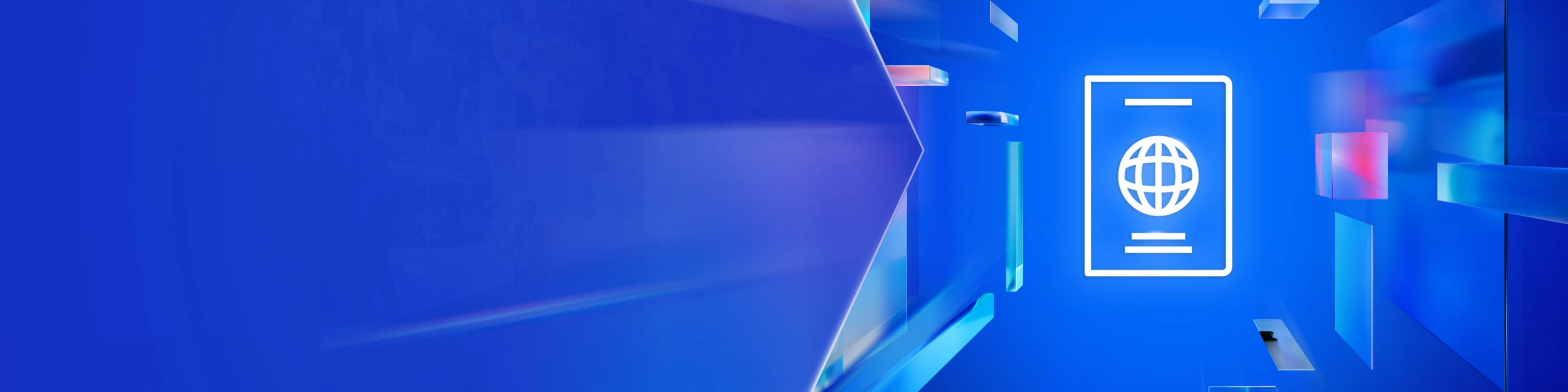 Weißes Passsymbol mit Globus auf blauem digitalen Hintergrund mit schwebenden Formen.