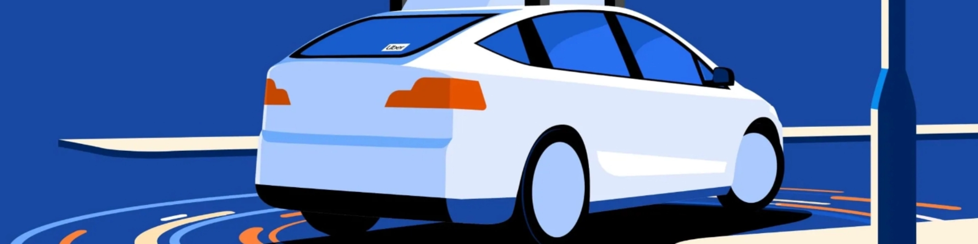 Illustration eines autonomen Autos mit Sensoren nahe Ladesäule.