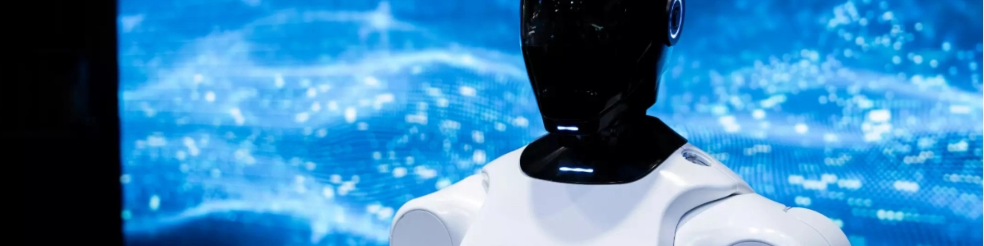 Humanoider Roboter mit schwarzem Kopf und weißem Körper vor NEURA-Logo und digitalem Hintergrund.