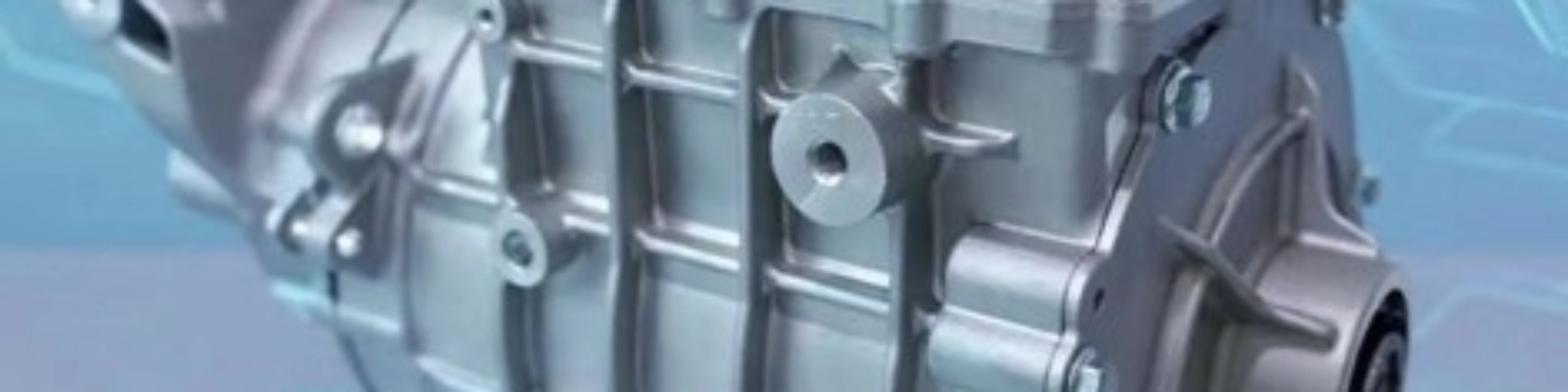 Metallic gearbox for an electric vehicle displayed in a digital environment.