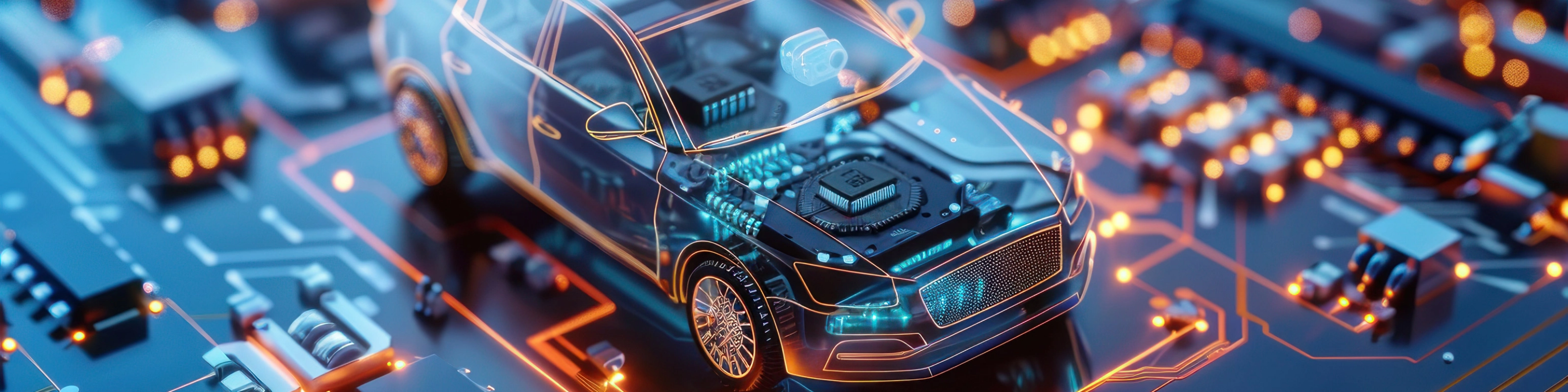 Digitale Darstellung eines vernetzten Autos auf einer Leiterplatte.