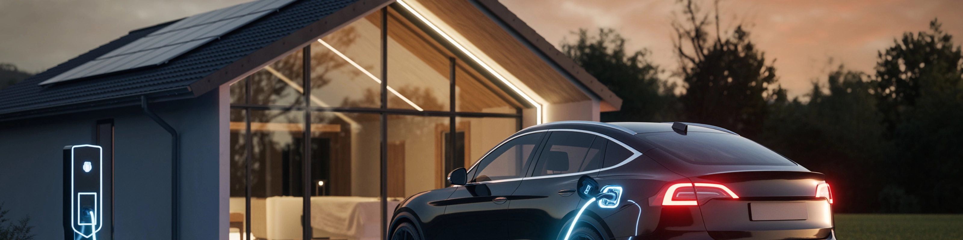 Elektroauto lädt an Wallbox vor modernem Haus in der Dämmerung.