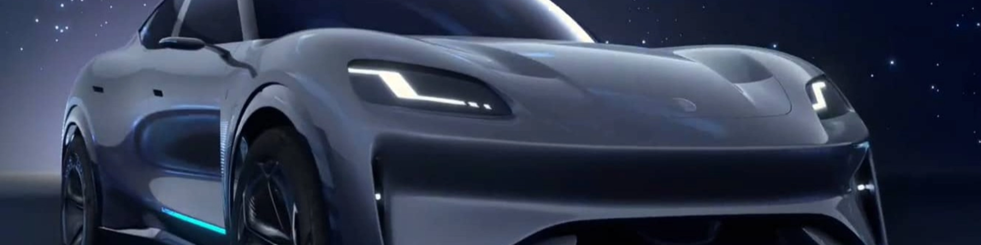 Seres electric sedan in dark blue setting with illuminated light accents.