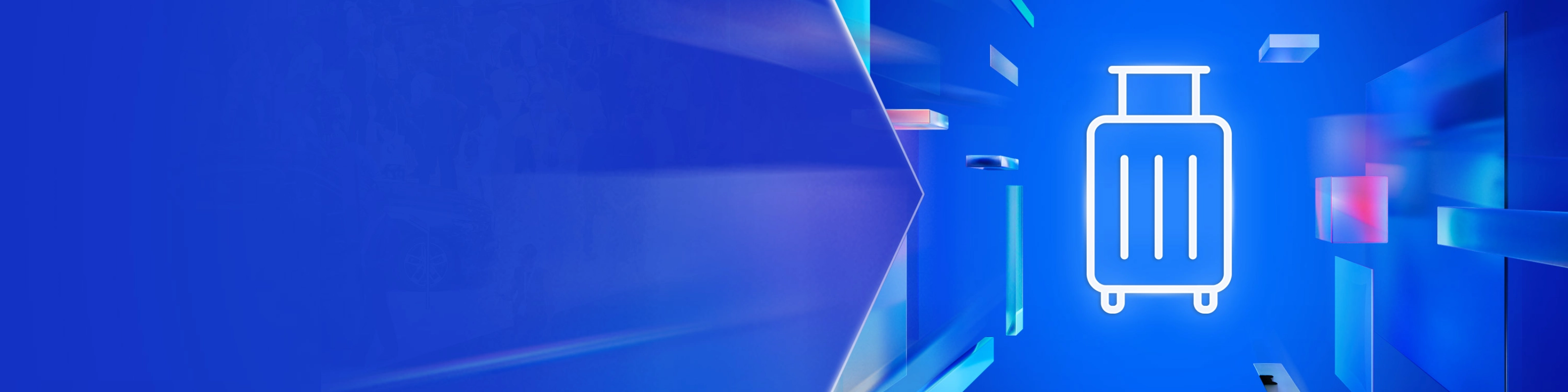 Weißes Koffersymbol auf blauem, digitalem Hintergrund mit transparenten Formen – steht für Anreise oder Besucherinformation zur Veranstaltung.