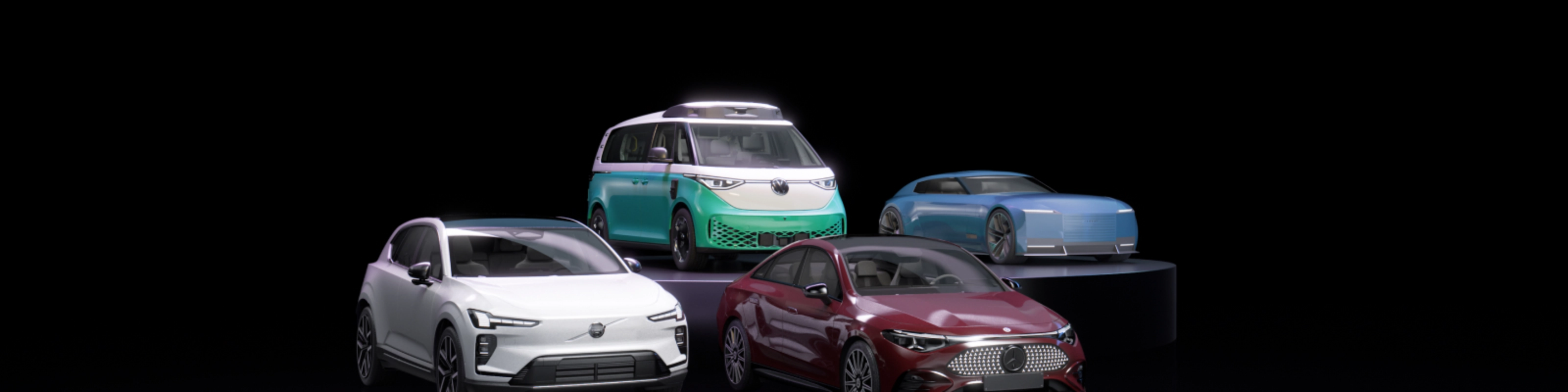 Vier Autos verschiedener Hersteller vor schwarzem Hintergrund, die NVIDIA repräsentieren.