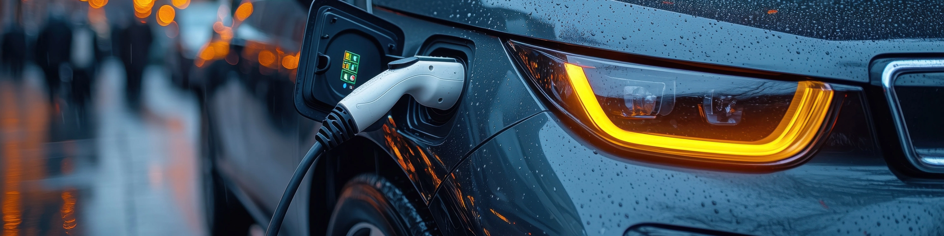 Electric car charging on a rainy city street at night with glowing headlights.