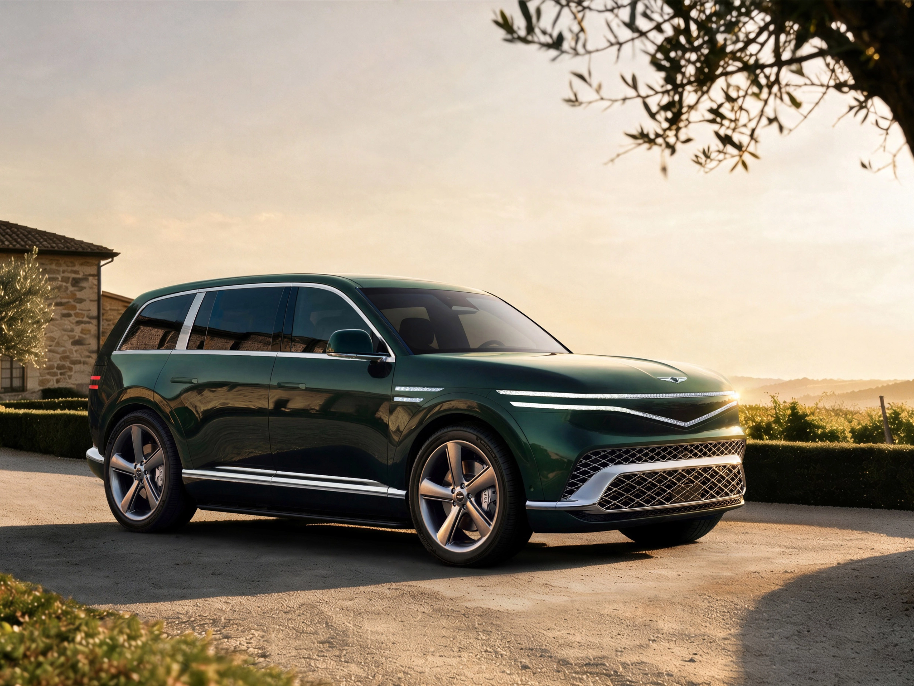 Grüner Genesis SUV auf einer Landstraße bei Sonnenuntergang.