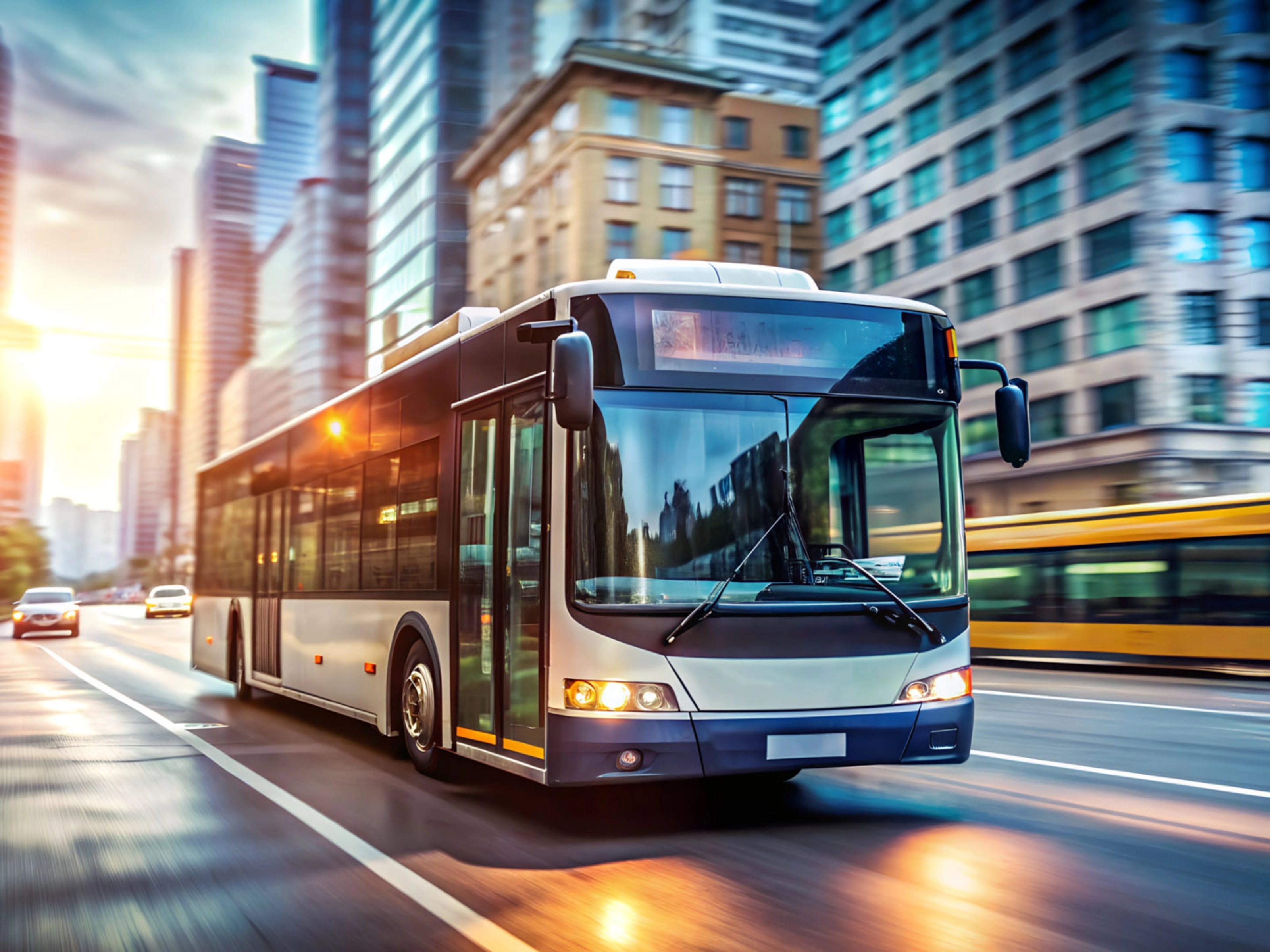 Modern city bus driving along a street lined with skyscrapers at sunset.