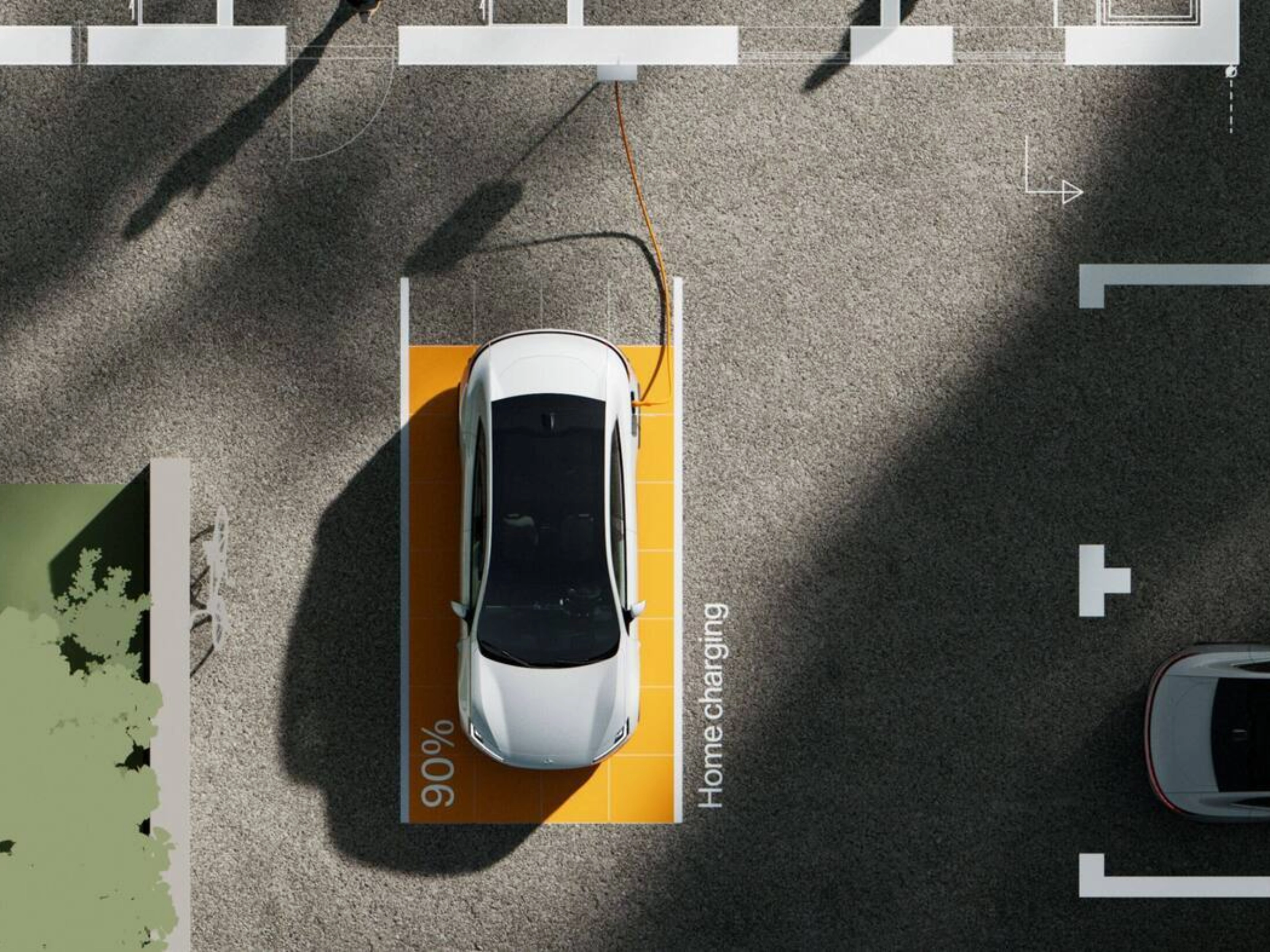 Top view of an electric car home charging, shown at 90%.