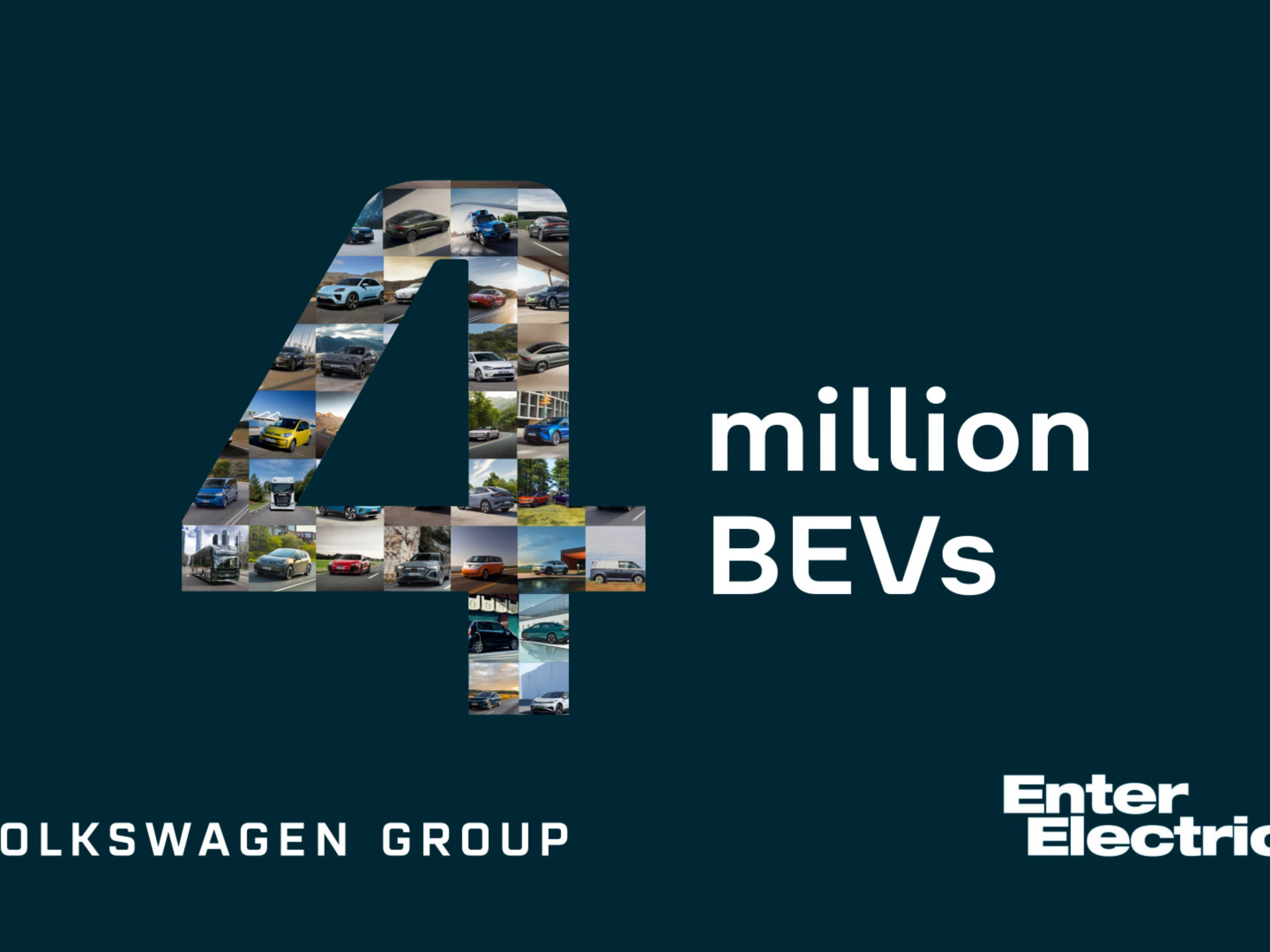 Graphic with number 4 made of car photos and text “4 million BEVs”, Volkswagen Group.