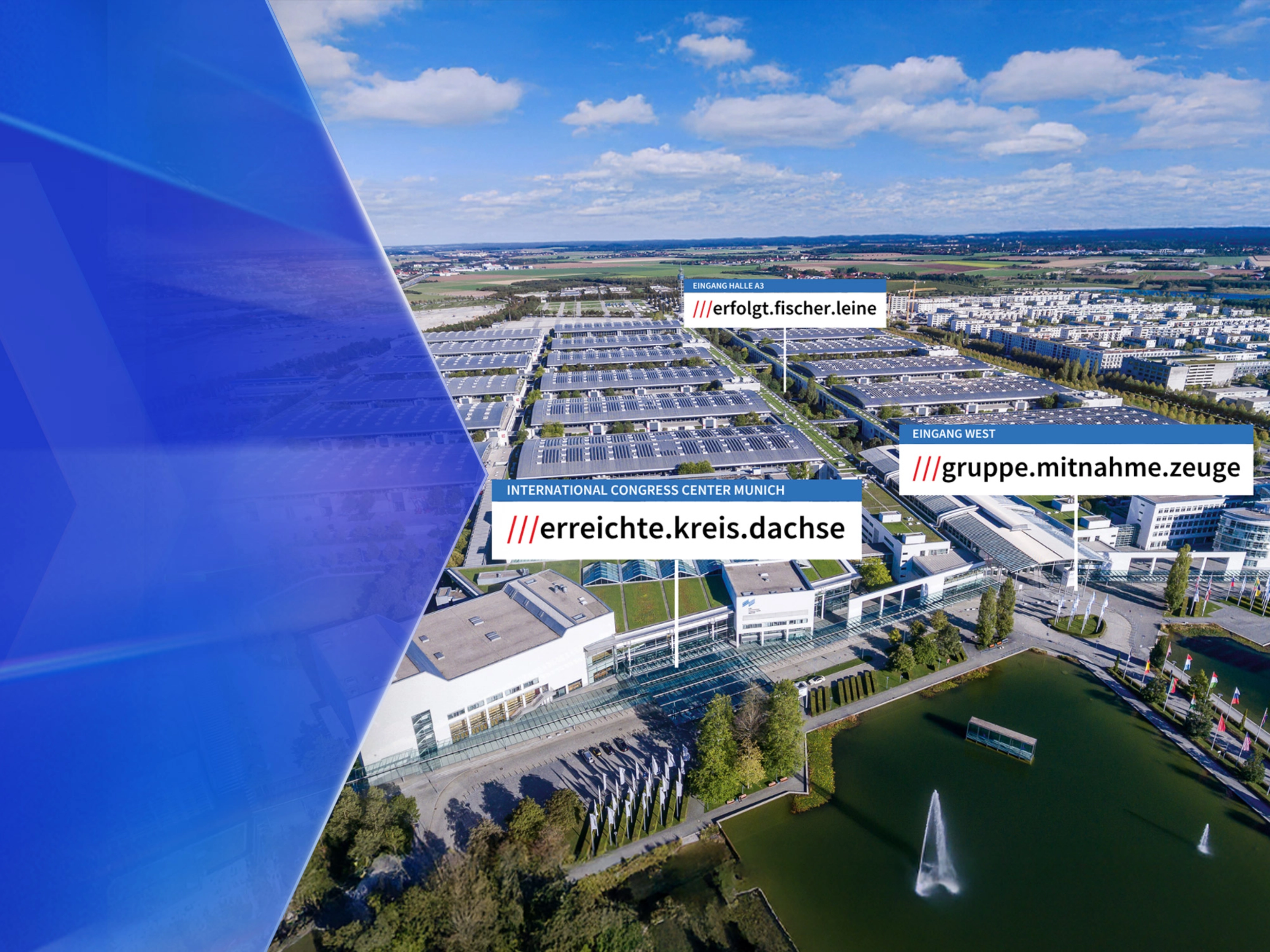 Luftaufnahme eines Messegeländes mit beschrifteten Hallen und einem Springbrunnen in der Nähe.