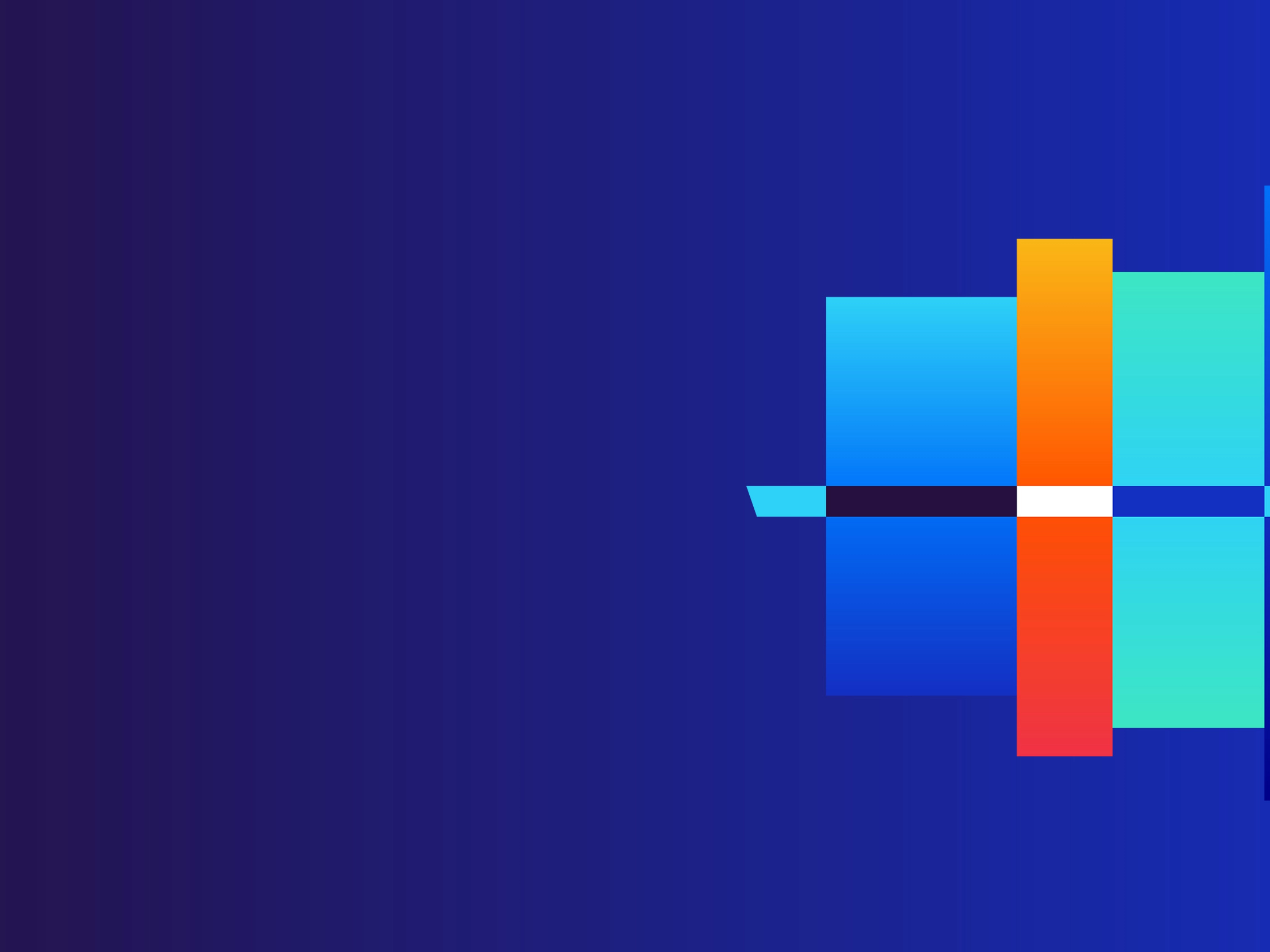 Abstract geometric design with intersecting colorful rectangles on a dark blue gradient background.