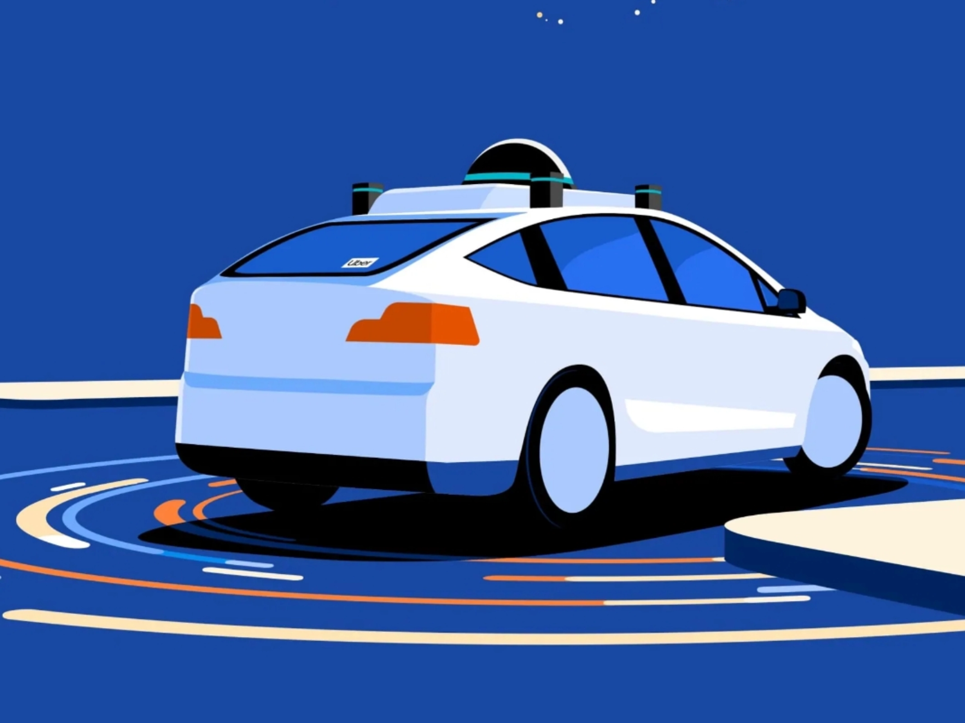 Illustration eines autonomen Autos mit Sensoren nahe Ladesäule.
