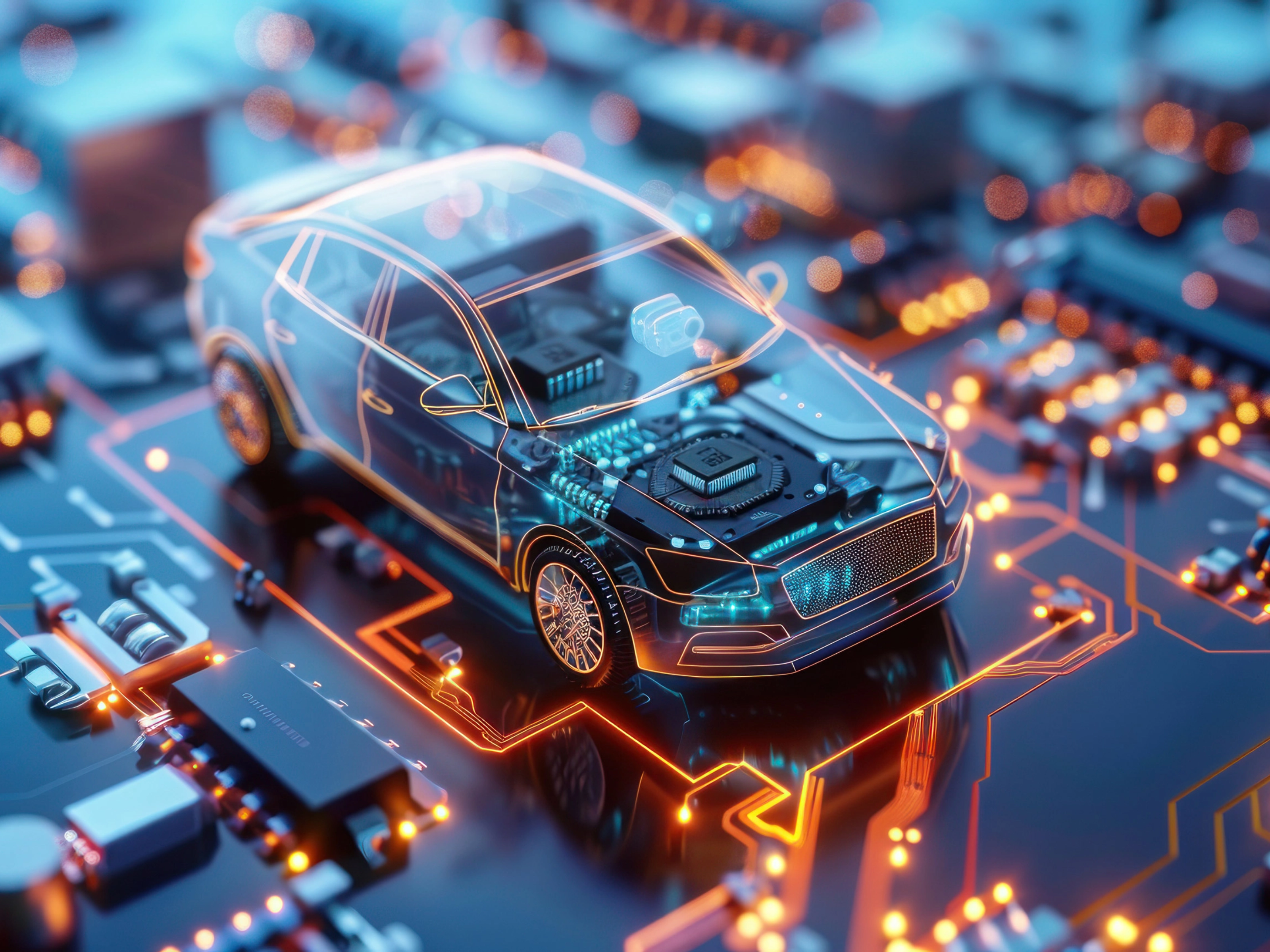 Digitale Darstellung eines vernetzten Autos auf einer Leiterplatte.