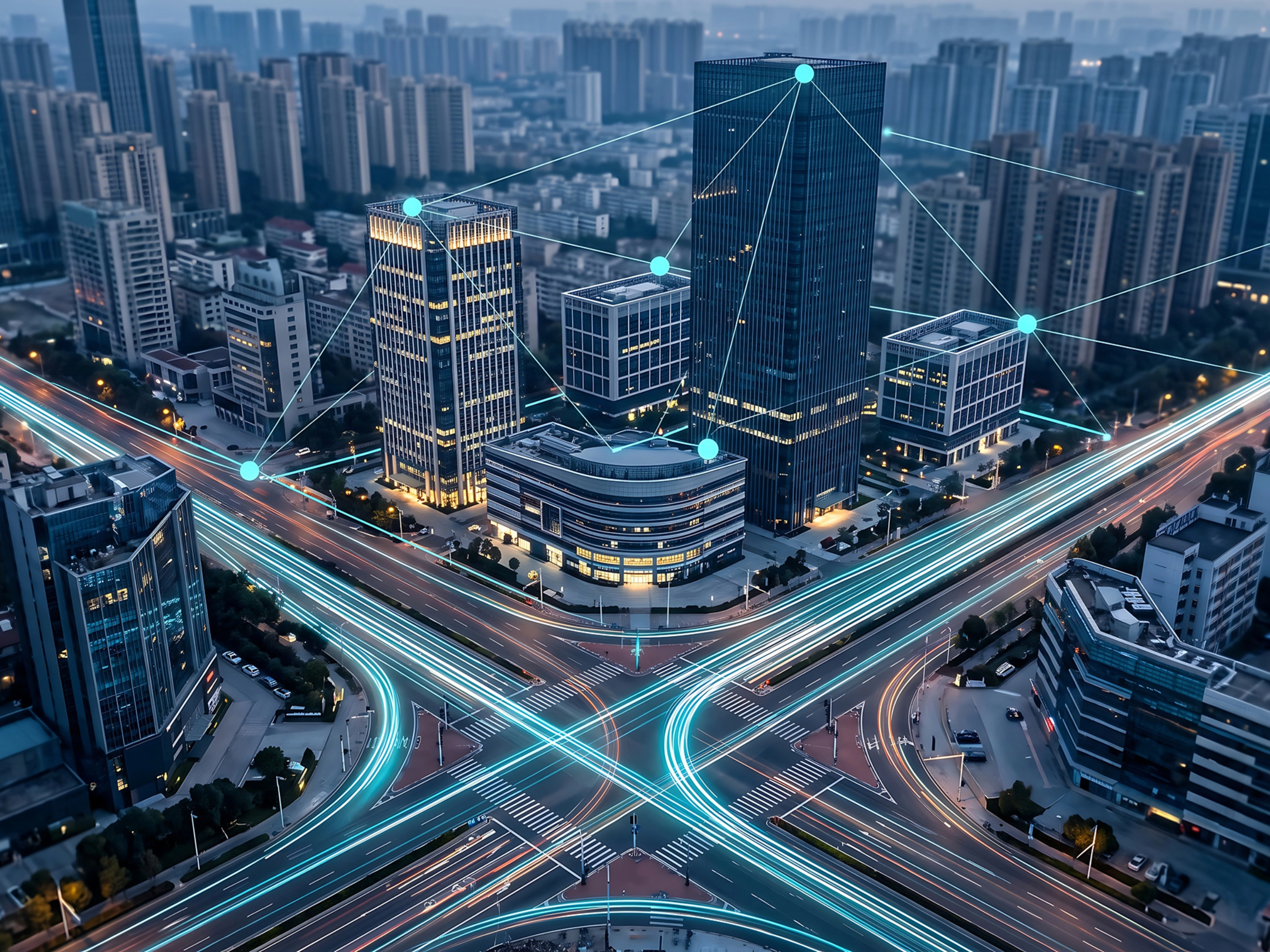 Smart City mit vernetzten Hochhäusern, digitalen Netzwerken und beleuchteten Verkehrswegen.