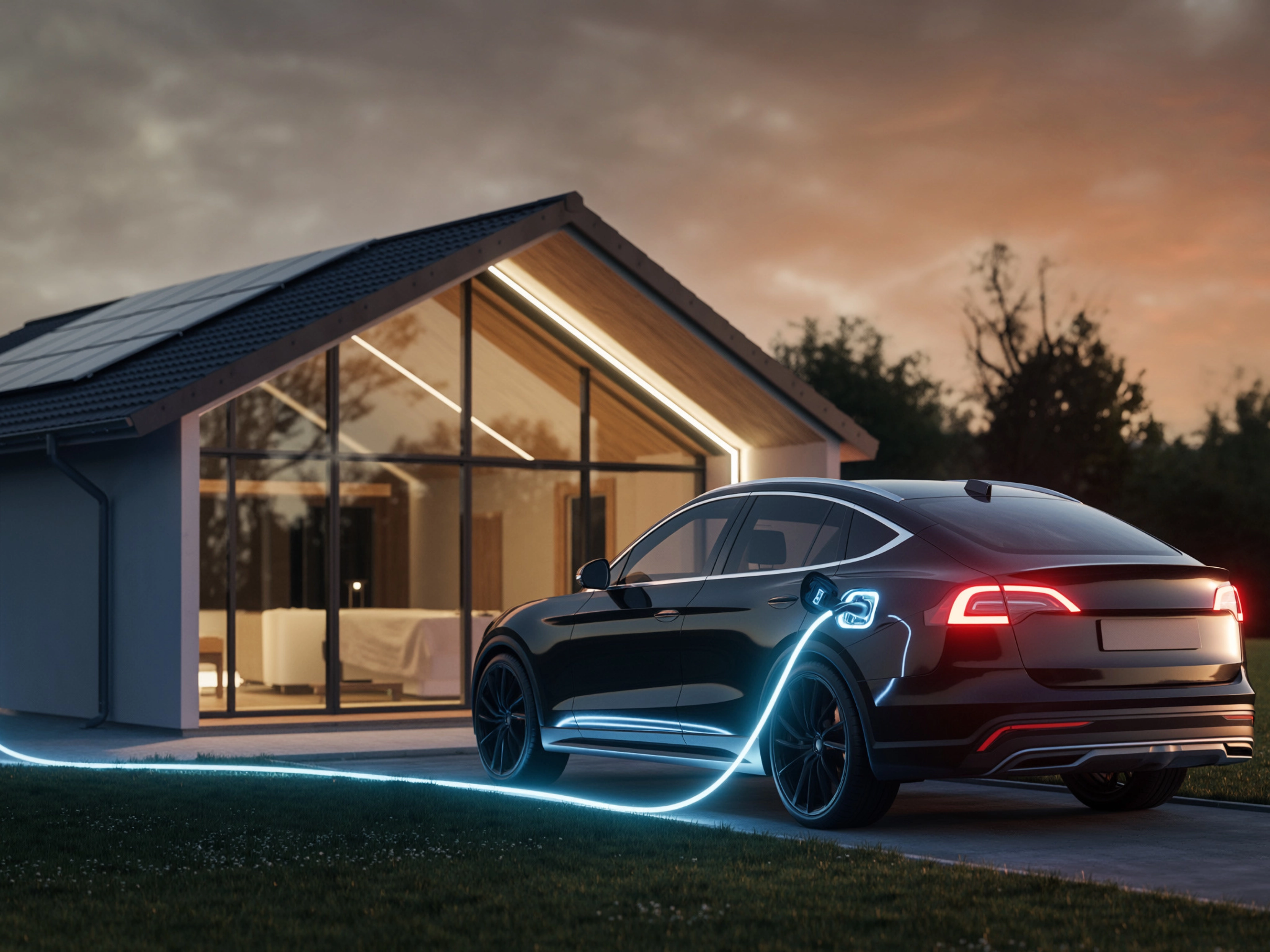 Elektroauto lädt an Wallbox vor modernem Haus in der Dämmerung.