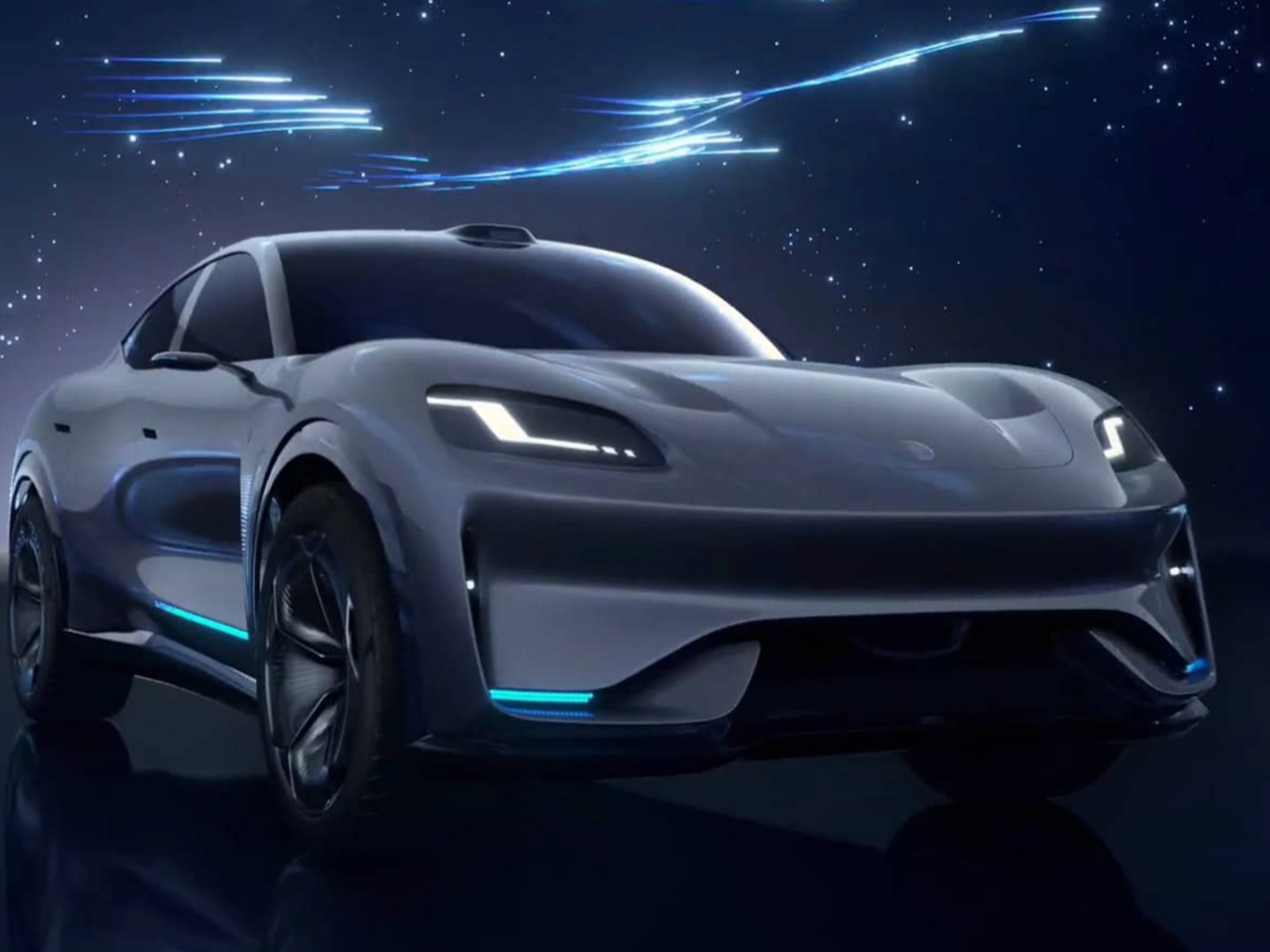 Seres electric sedan in dark blue setting with illuminated light accents.