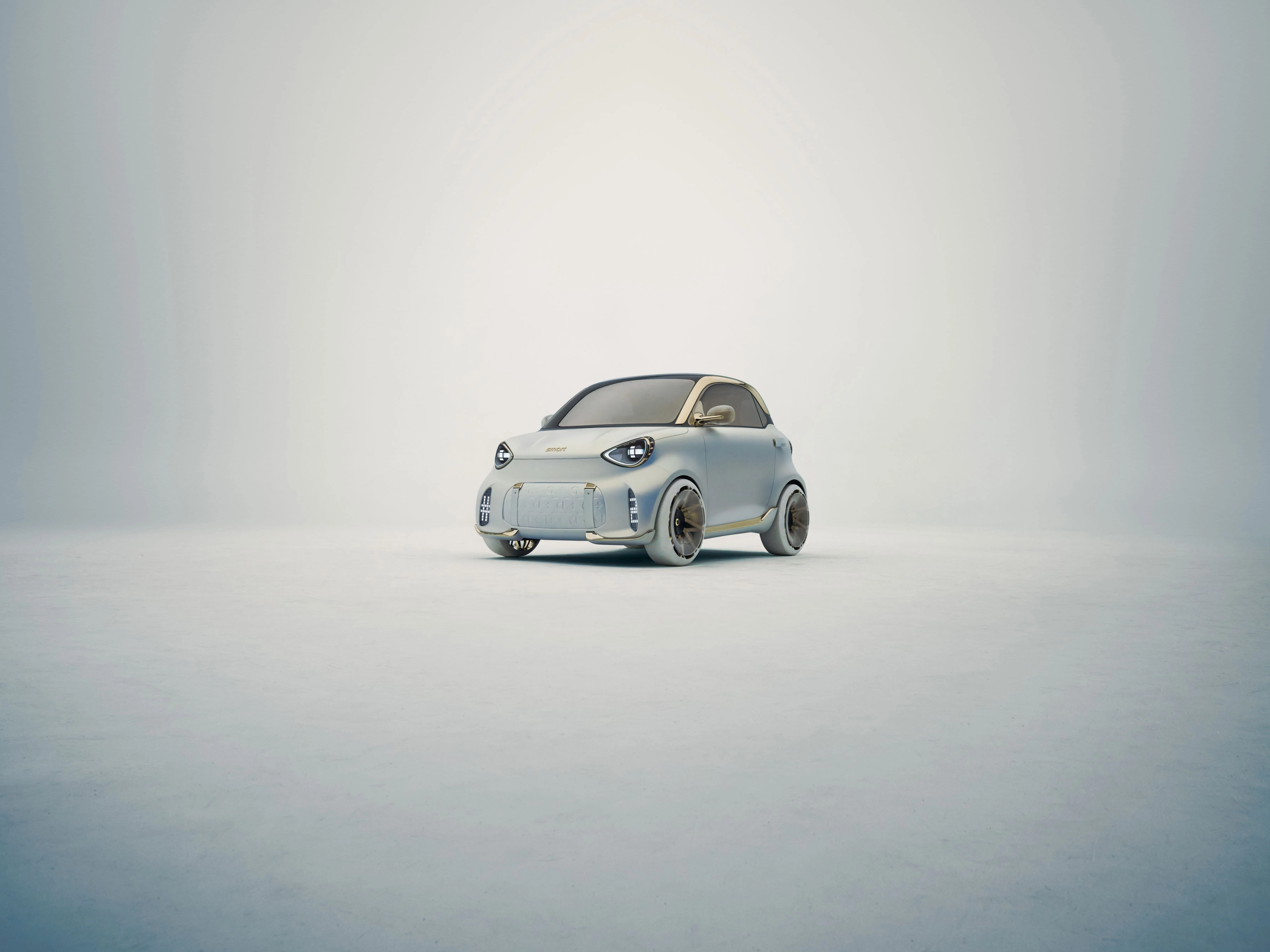 Small white compact car parked on a vast empty surface.