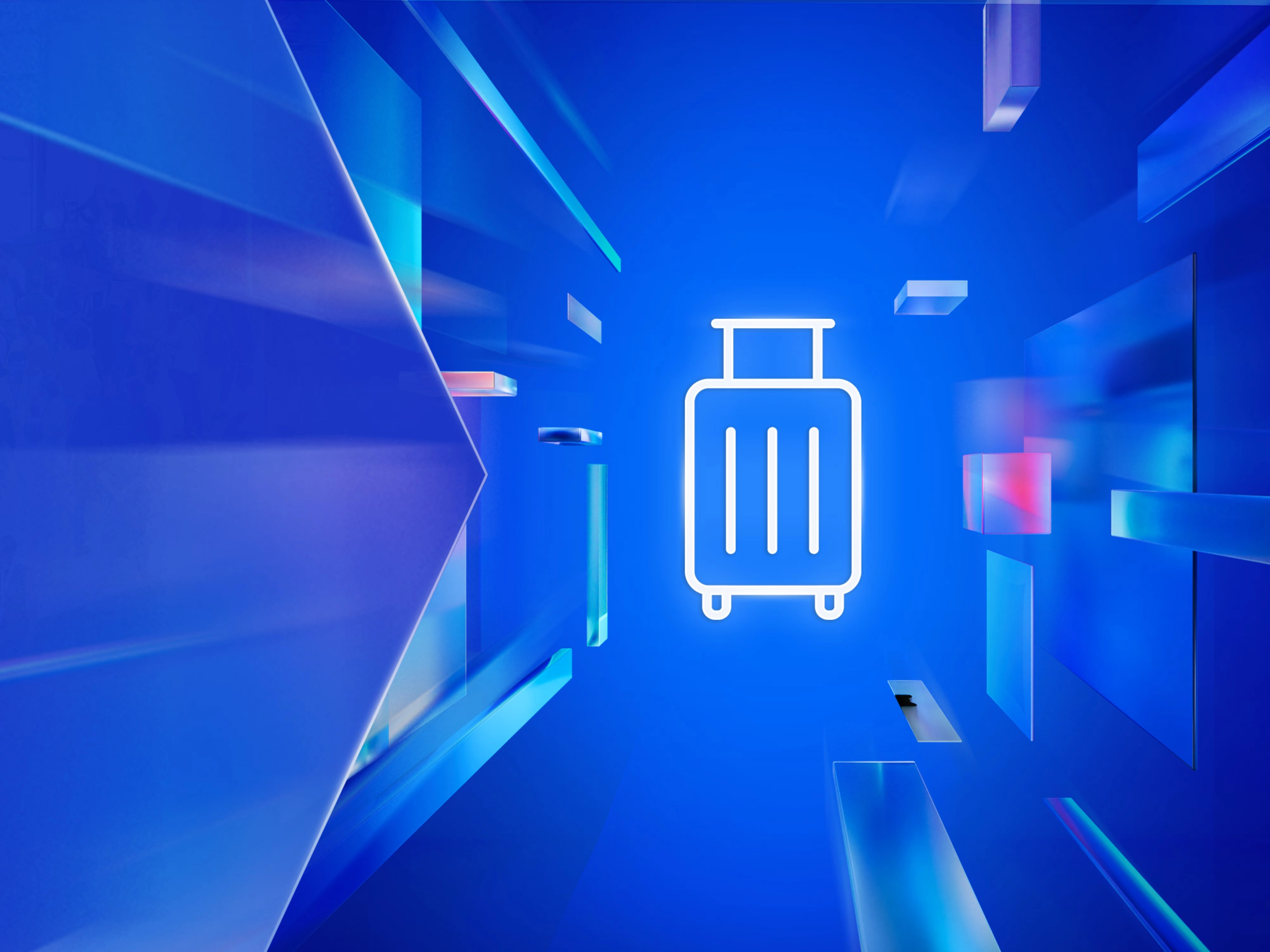 Weißes Koffersymbol auf blauem, digitalem Hintergrund mit transparenten Formen – steht für Anreise oder Besucherinformation zur Veranstaltung.