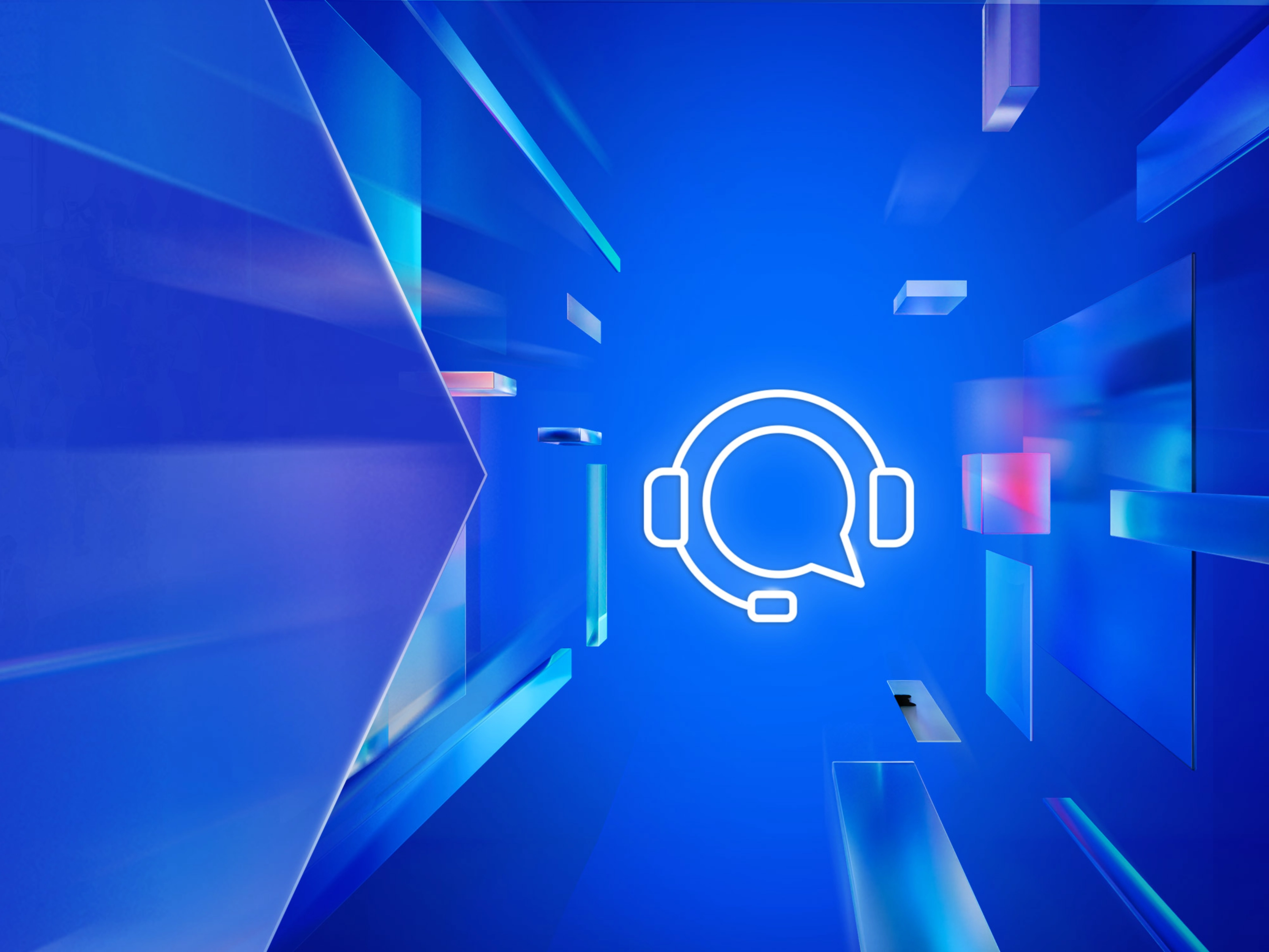 White headset icon with speech bubble on a blue digital background with floating shapes.