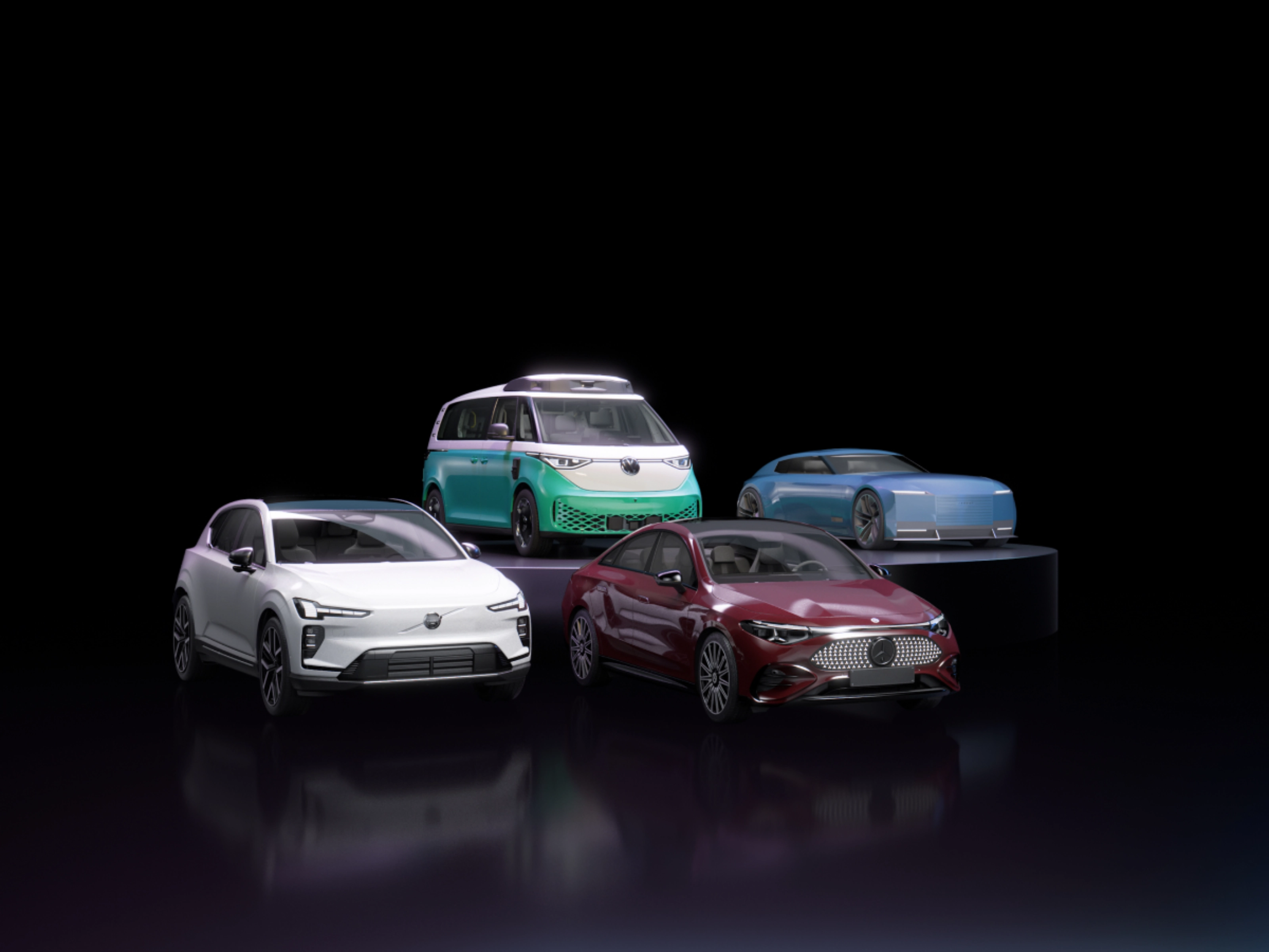 Vier Autos verschiedener Hersteller vor schwarzem Hintergrund, die NVIDIA repräsentieren.